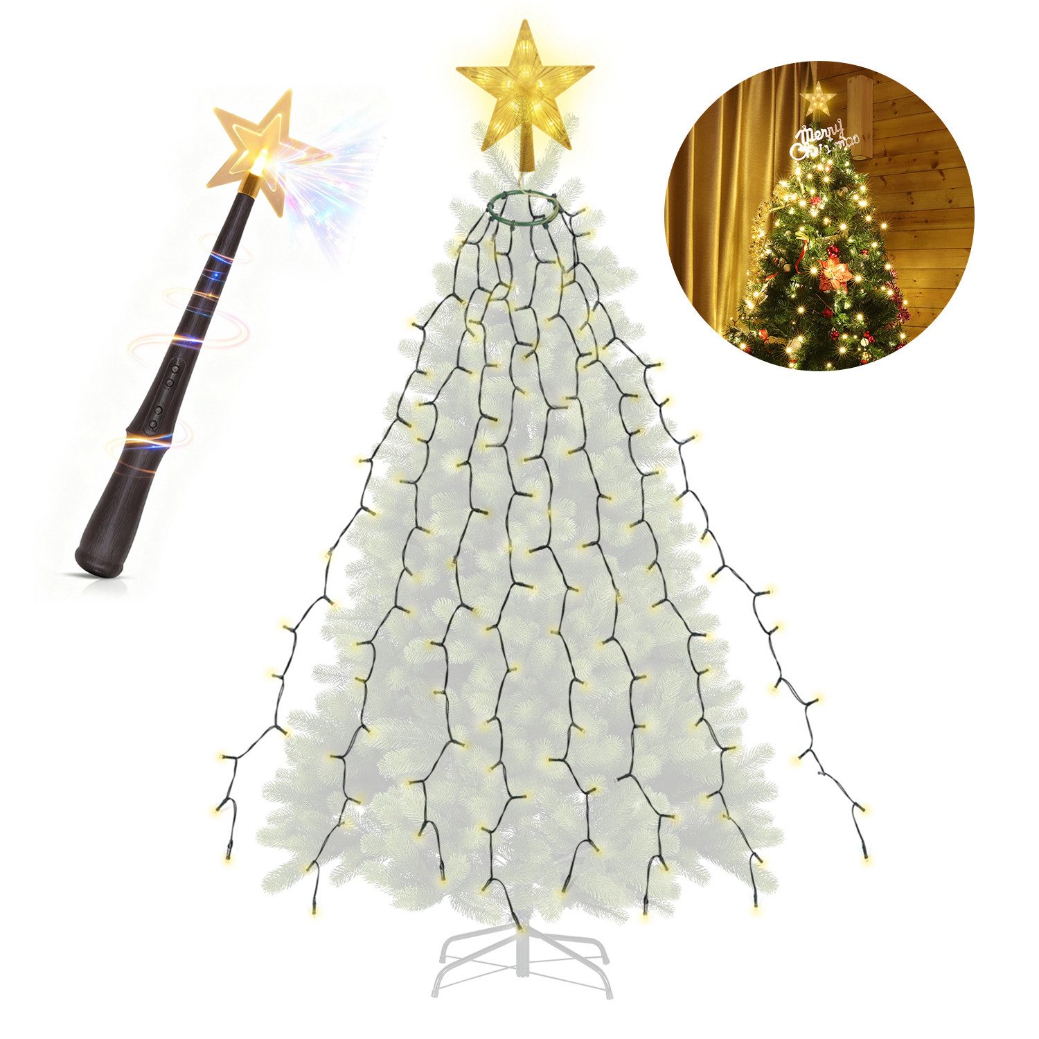 Salcar LED-Lichterkette 1,5m-3m Weihnachtsbaum Lichterkette LED mit Weihnachtsbaumspitze Stern, 1.8M 8 Girlanden und 1 Sternspitze 290 LED mit Zauberstab