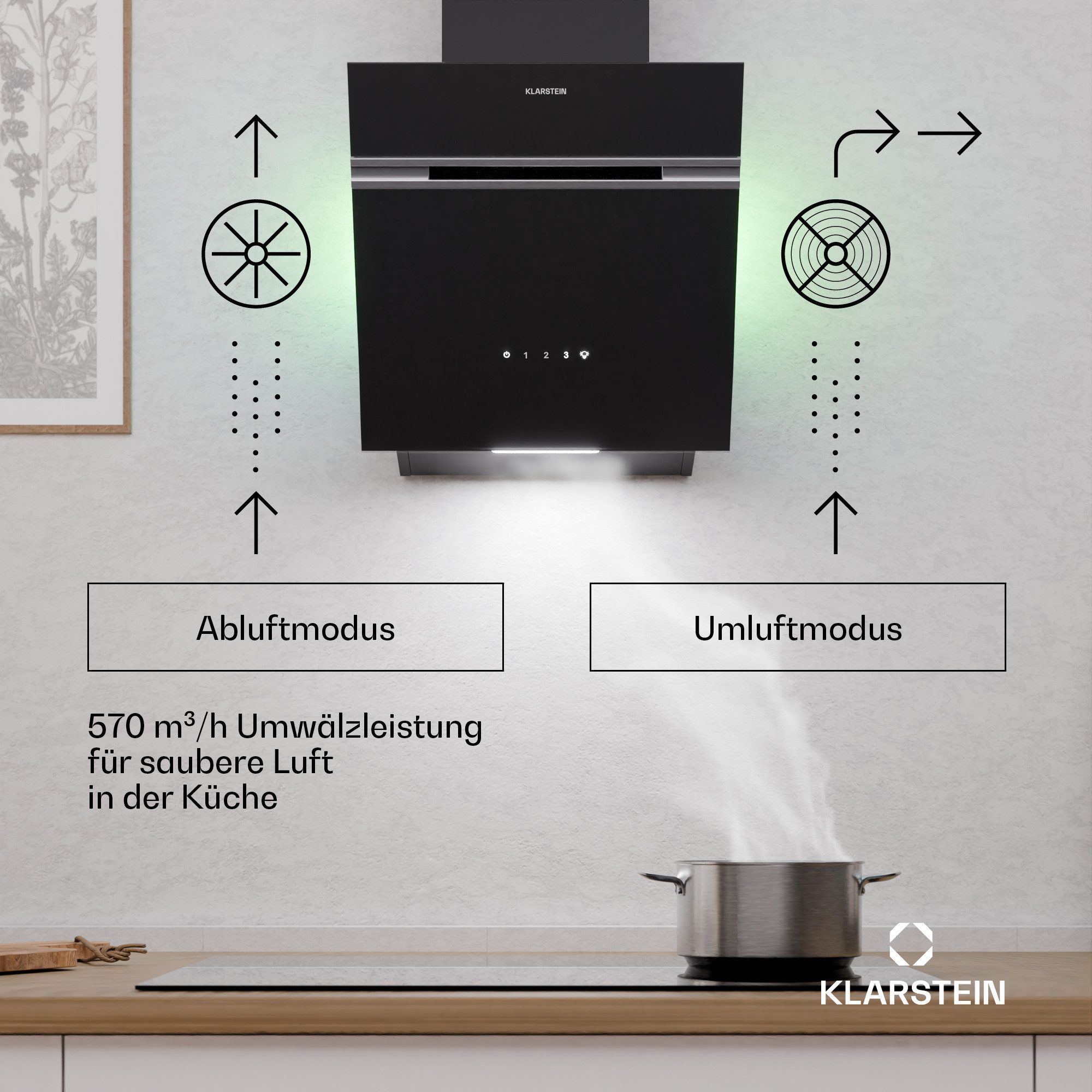 Klarstein Deckenhaube Alina Serie Alina Wandhaube 40 cm 570 m³/h A Touch LED 3 Stufen Aktivkohle Alina, Dunstabzugshaube Abzughaube Abluft Umluft kopffrei