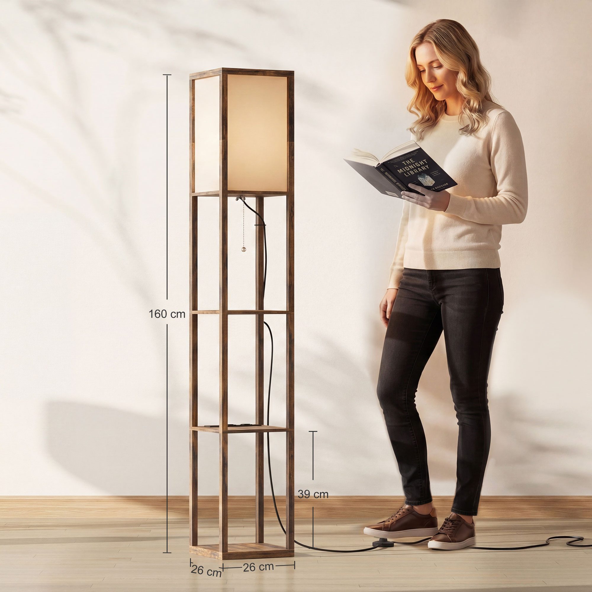 HOMCOM Stehlampe Stehlampe mit Regalen E27 40W Nachttischlampe Acryl Lampenschirm, Ablagefächer, Lichtquelle, Fußschalter, led, für Schlafzimmer, Arbeitszimmer, – Bild 3 von 5