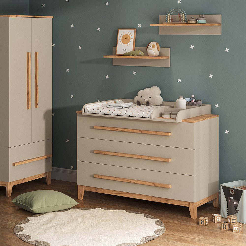 VitaliSpa® Wickelkommode Malia, Cashmere/Eiche/Artisan, 133.2 x 98 cm mit 3 Schubladen