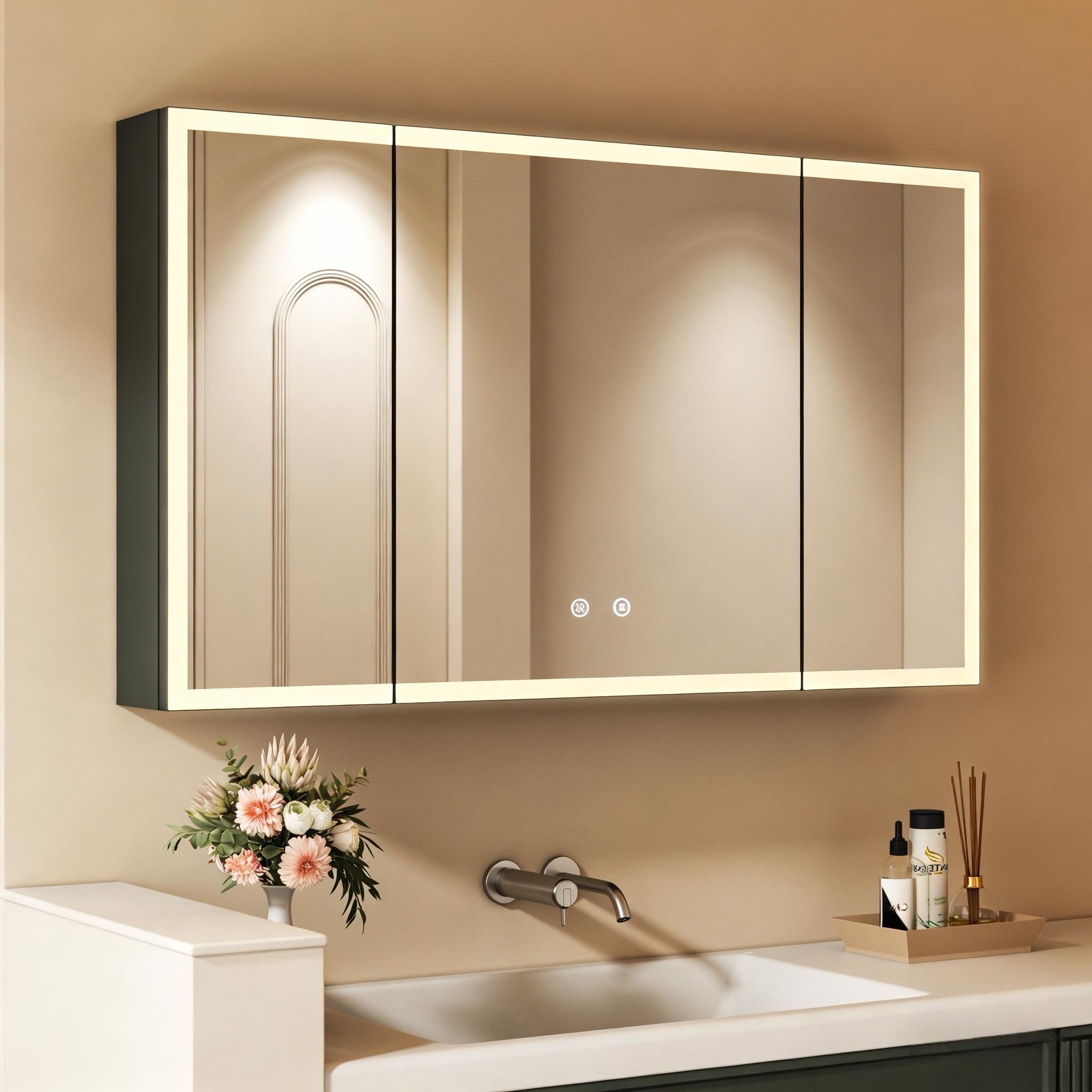 WDWRITTI Badezimmerspiegelschrank mit LED Spiegelschrank Bad mit Beleuchtung 100cm x 60cm 90x60cm 3türig (Alu-Schranktür, Stahl Schrank-Korpus, Doppel Spiegel, Kalt/Neutral/Warmweiß, Dimmbar, Anti-Fog, Speicherfunktion) vormontiert geliefert, Wandmontage, Eingebautemontage, mit Netzadapter