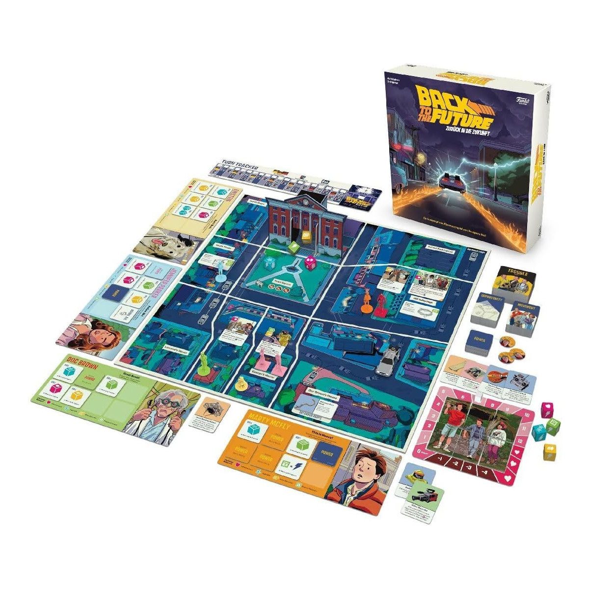 Funko Spiel Back to the Future (deutsch), Brettspiel, Enthält DeLorean-Zeitmaschine und 7 Miniaturen – Bild 2 von 3