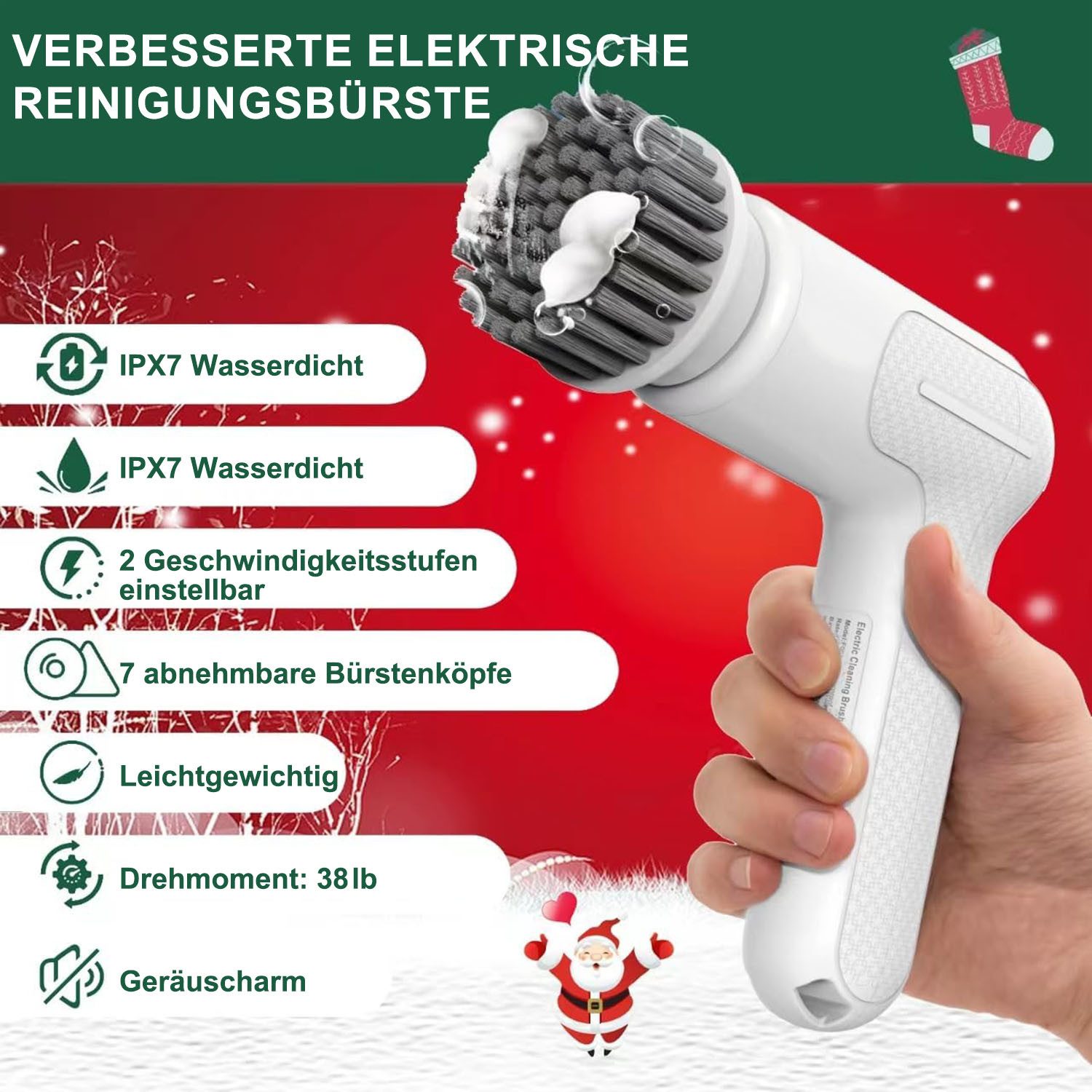 AIMAX Elektro-Oberflächenbürste 7 in 1 Elektrische mit 7 Bürstenkopfe 2 Modi Spin Scrubber, mit Verstellbarem Griff für Bad Fliesenboden und Auto, für Bad Schnurlose Bohrbürstenköpfen Duschreinigungsbürste