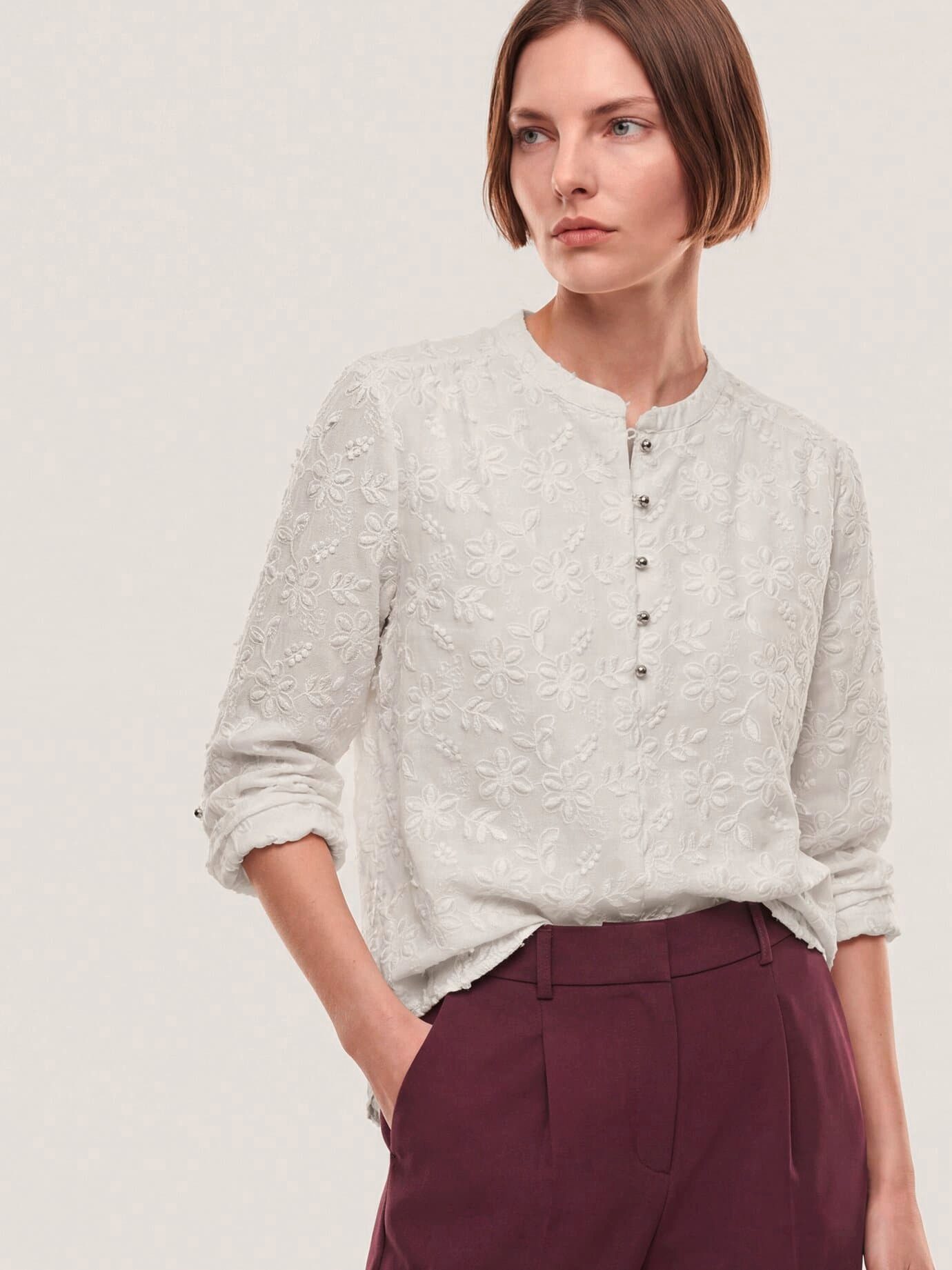 Walbusch Langarmbluse Damen Bluse mit Blütenstickerei Stehkragen Langarm, pflegeleicht, atmungsaktiv