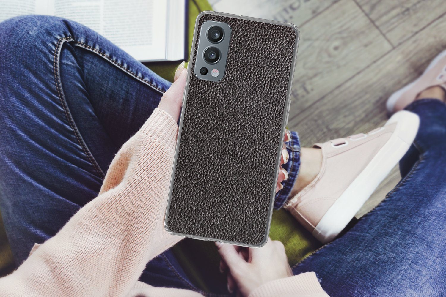 MuchoWow Handyhülle für OnePlus Nord 2 5G Leder - Lederoptik - Schwarz - Hell, Phone Case, Silikon, Schutzhülle Dünn