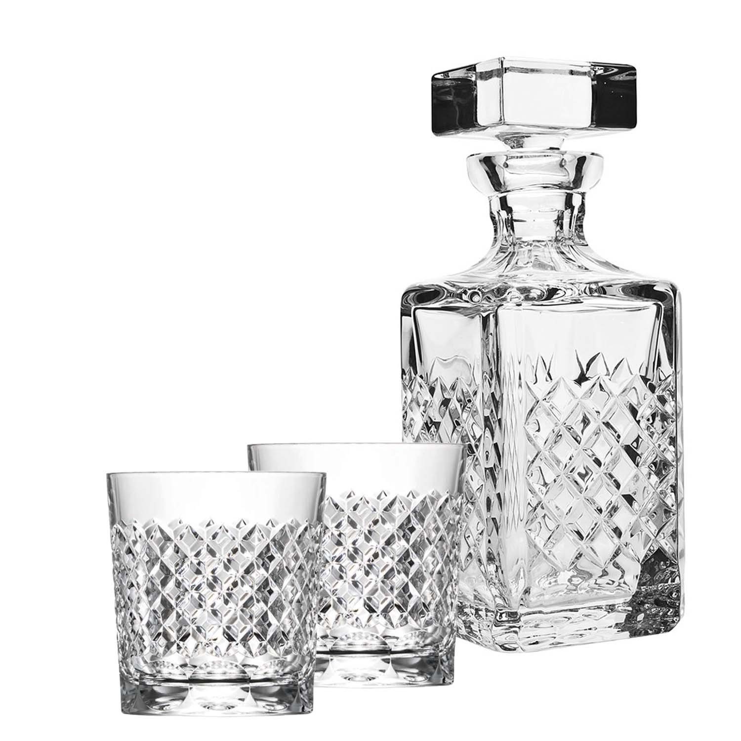 Karaffe Whisky Geschenk Karo (3-teilig) Kristallglas mundgeblasen & von Hand g