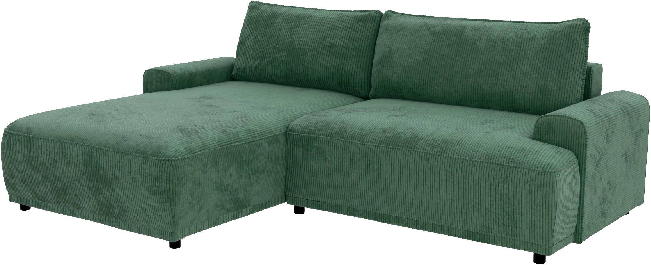 TRENDMANUFAKTUR Ecksofa Fordon, Schlafsofa mit Bettkasten, Couch in L-Form, Breite 250 cm, in Cordstoff HYPER, dunkelgrün, Recamiere links