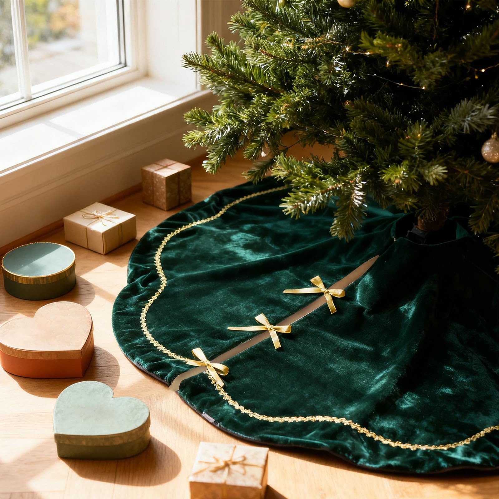 CLTYQ Weihnachtsbaumdecke Weihnachtsbaumdecke Baumrock Baumteppich Weihnachten Samt & Plüsch, Mit funkelnder Goldspitze und Bogenkante, Rustikale Weihnachtsdeko – Bild 4 von 5