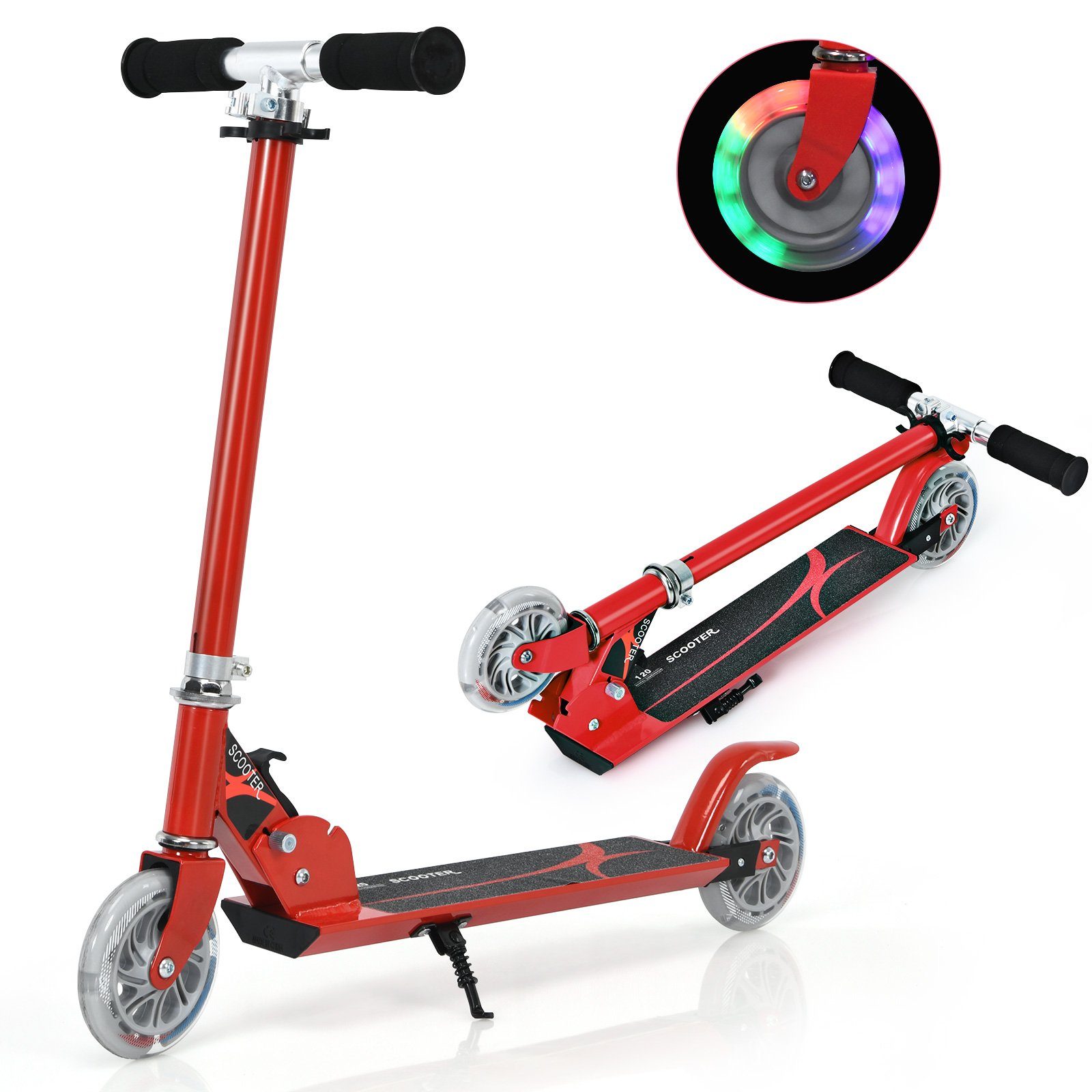COSTWAY Scooter Cityroller, höhenverstellbar, klappbar, mit 2 LED Räder rot