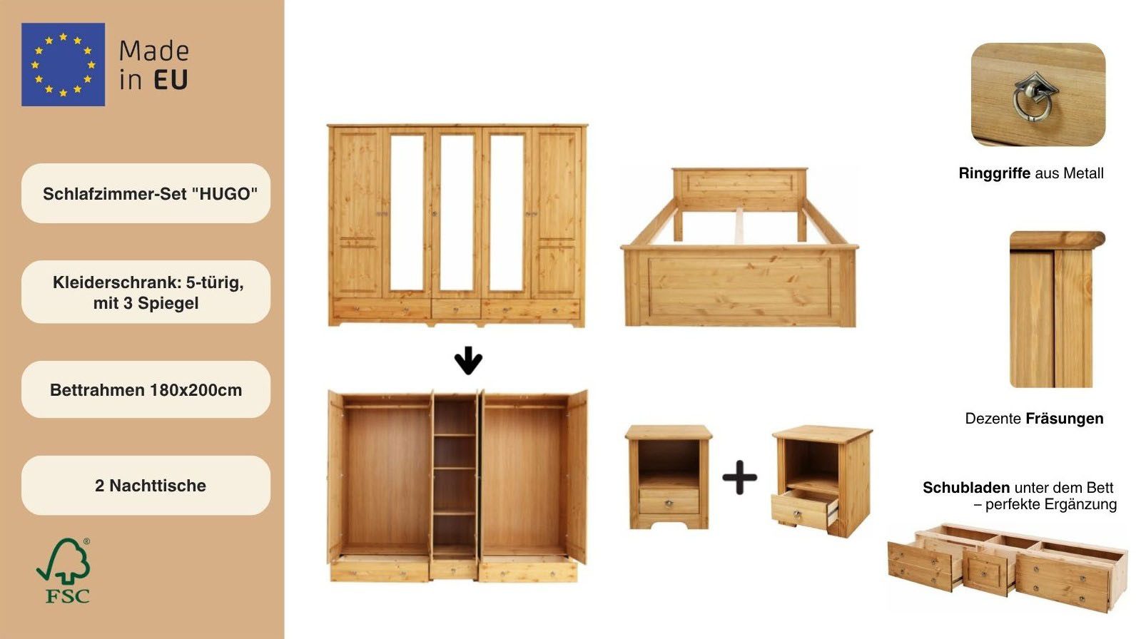 OTTO home Schlafzimmer-Set Hugo, (Set, 4-tlg), Bett 180x200 cm, 5-trg Kleiderschrank und 2 Nachttische