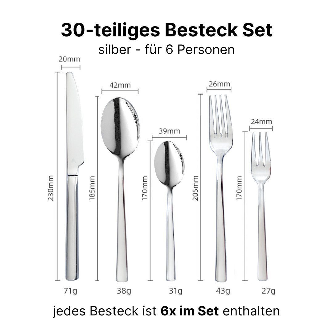 LIVINA HOME Besteck-Set Edelstahl 18/10, Besteck im zeitlosen Design, (30-tlg) (30-tlg), 6 Personen, Edelstahl 18/10, Edelstahl Rostfrei 18/10, Spülmaschinenfes – Bild 3 von 5
