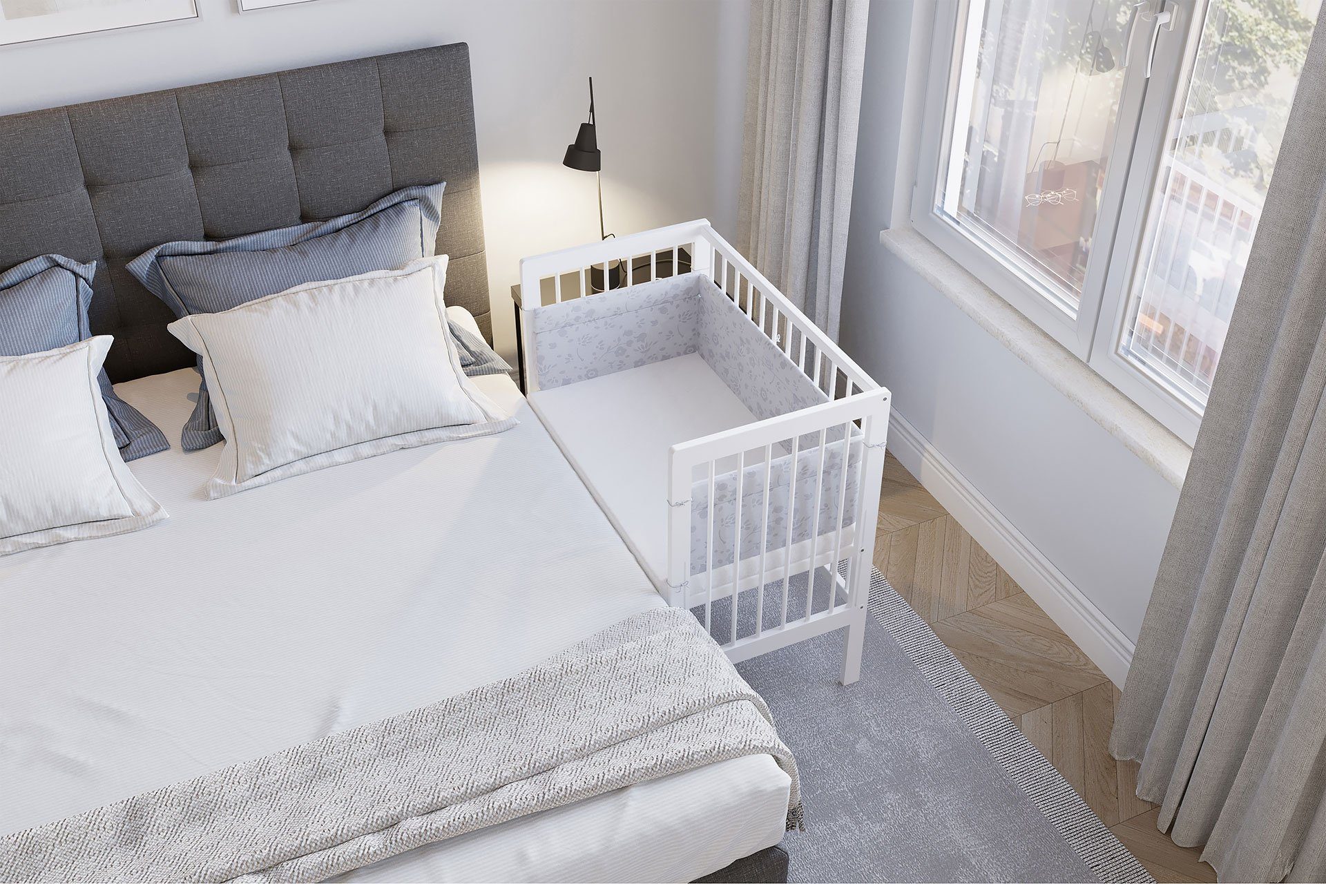 FabiMax Beistellbett Babybett Boxspring weiß lackiert, 90 x 55 cm Liegefläche, aus Buchenholz, Stufenlos höhenverstellbar 40-73 cm, Holz-Lattenrost – Bild 4 von 5