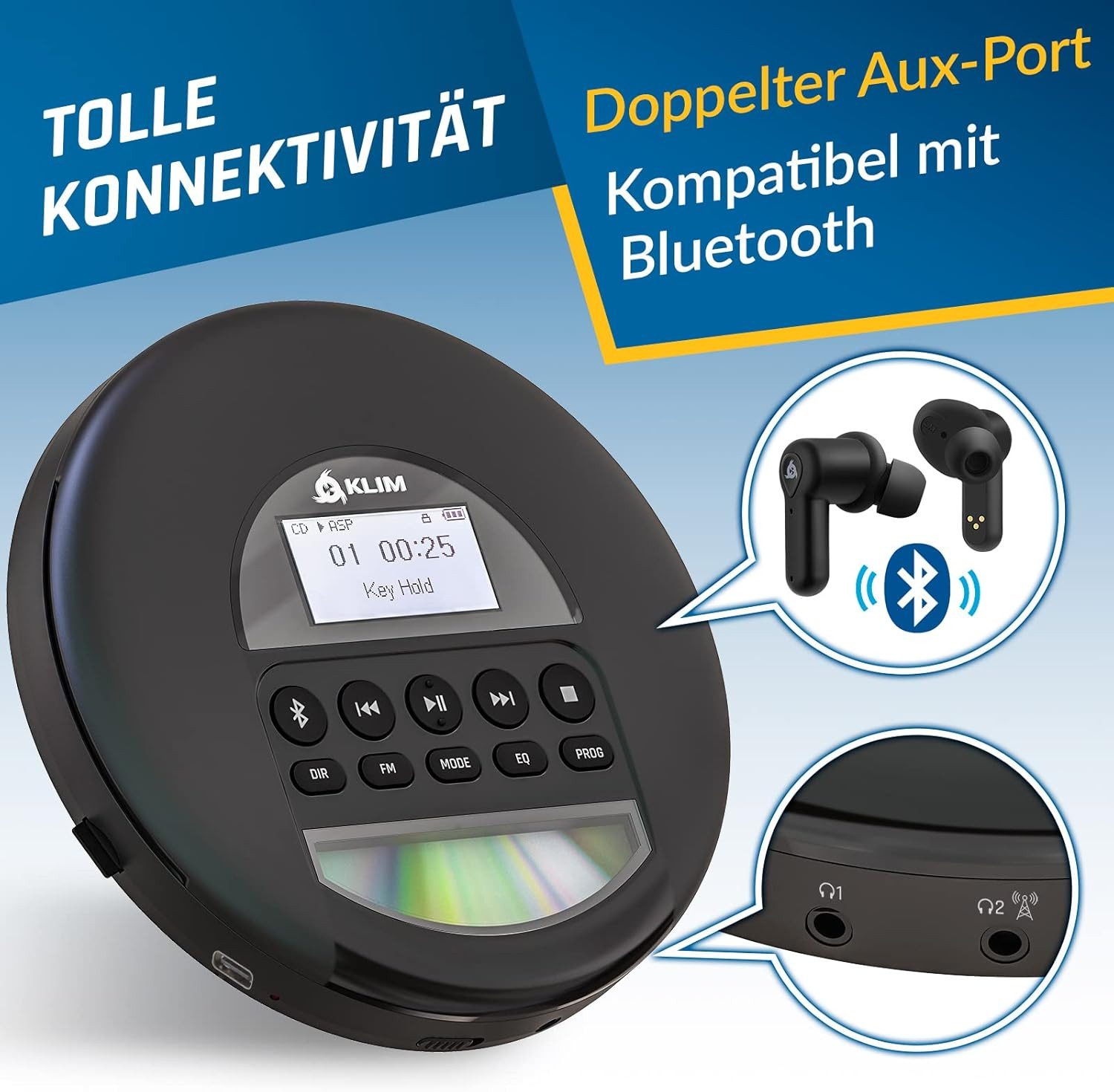 KLIM Nomad tragbarer CD-Player (Bluetooth, tragbarer Discman mit Kopfhörer, Ideal für Autos, MP3)