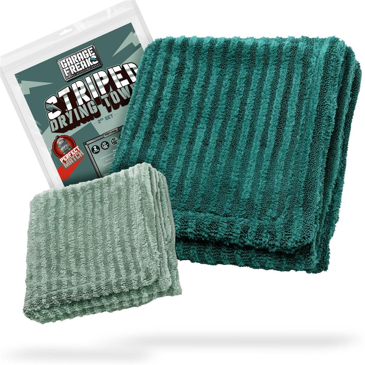Garage Freaks Auto Trockentuch 2er Set - STRIPED DRYING TOWEL - 50x80cm & 40x40cm Mikrofasertuch (Mikrofaser, 2-tlg., 1300 GSM, Mikrofaser Tuch, 50x80cm - 40x40cm, Streifenfrei)