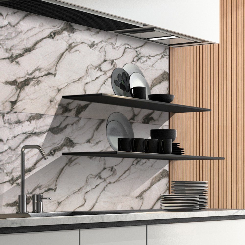 DRUCK-EXPERT Küchenrückwand Naturstein aus 100 % Echtstein - jede Platte ein Unikat Marmor Alabastergrau