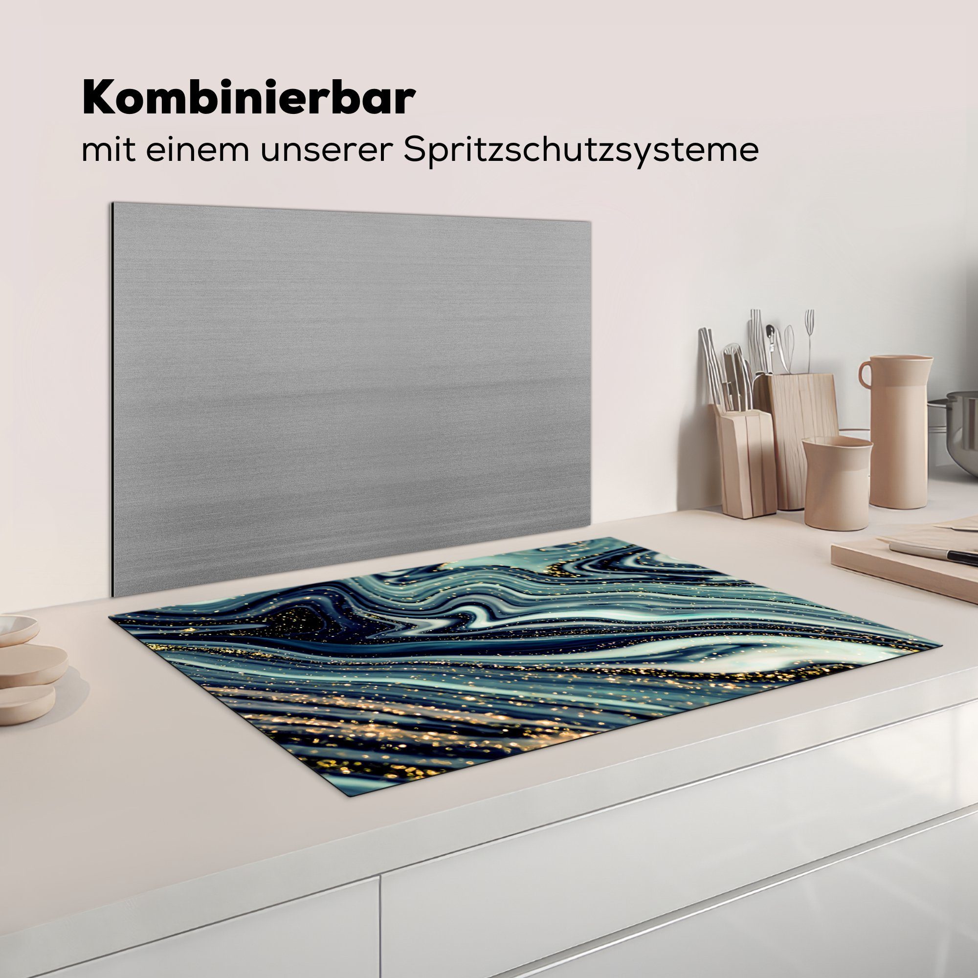 81x52 Blau Vinyl, - - cm, MuchoWow Gold Herdblende-/Abdeckplatte tlg), Marmor Ceranfeldabdeckung - - Marmoroptik Glitter Abstrakt, Schutz - Induktionskochfeld (1 küche, die für