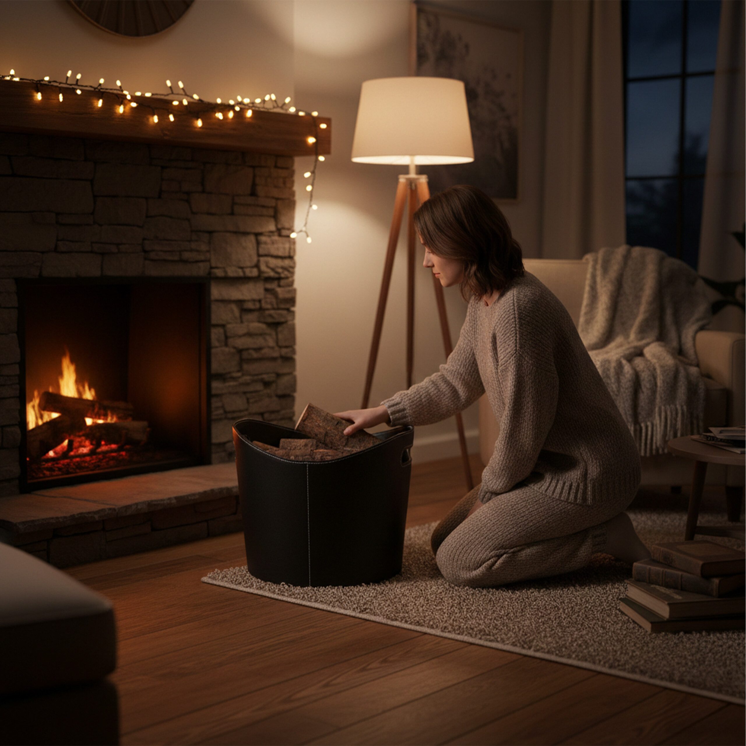 relaxdays Kaminholzkorb Kunstleder schwarz, L