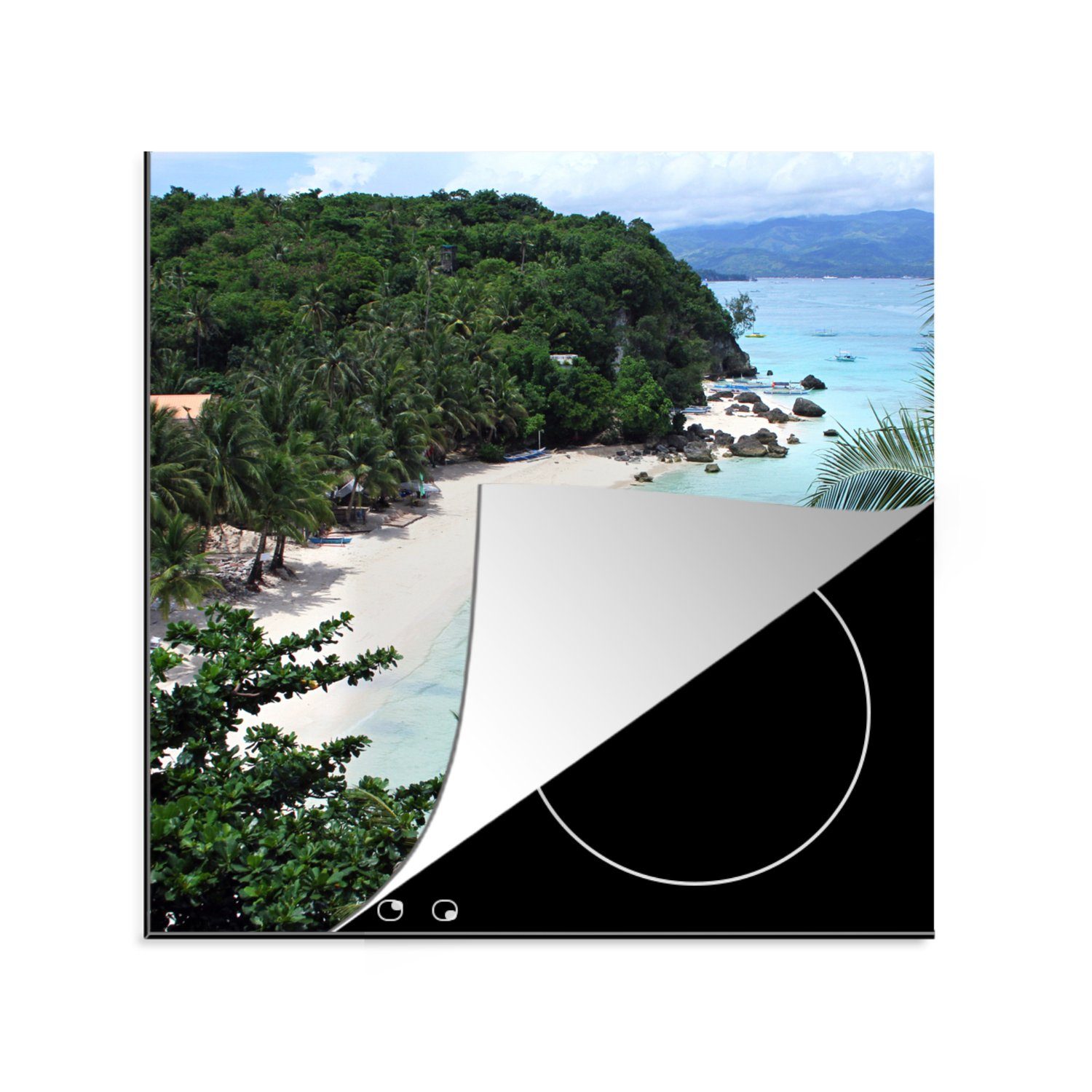 MuchoWow Herdblende-/Abdeckplatte Palme - Philippinen - Strand, Vinyl, (1 tlg), 78x78 cm, Ceranfeldabdeckung, Arbeitsplatte für küche
