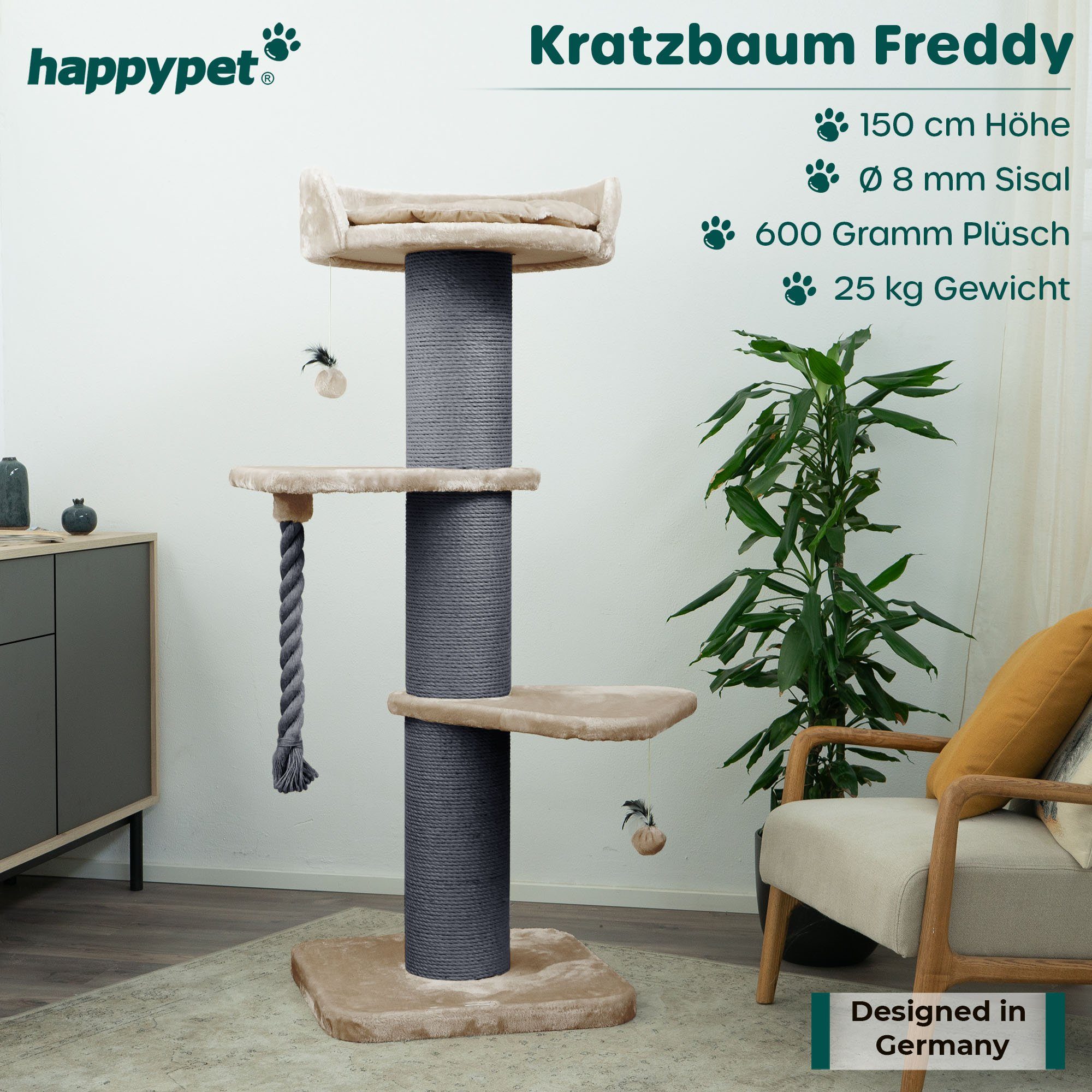 Happypet Kratzbaum FREDDY, Katzenbaum 'Freddy', Gesamthöhe 150 cm, mit Spielseil und Spielball