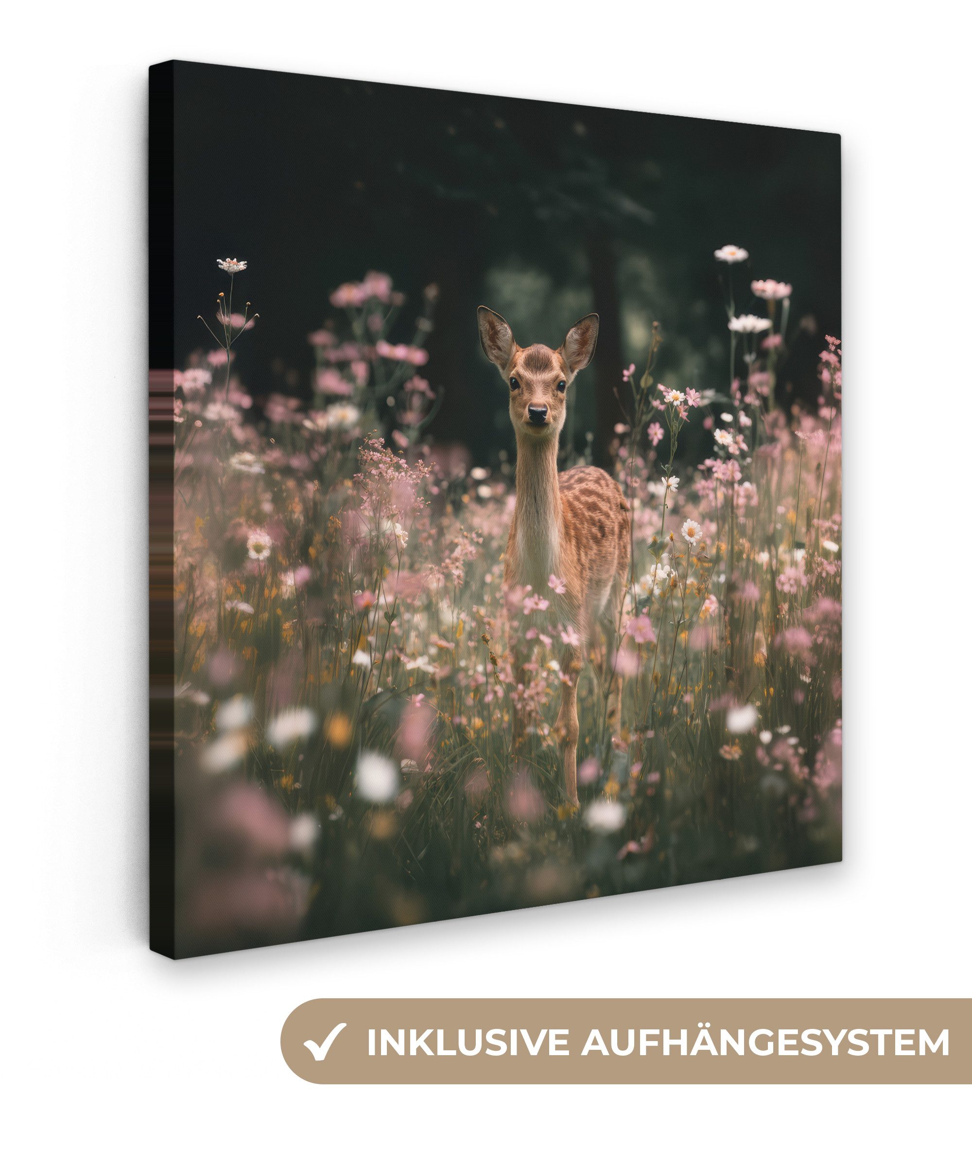 OneMillionCanvasses® Leinwandbild Hirsche - Wildblumen - Wald, Fotodruck (1 günstig online kaufen