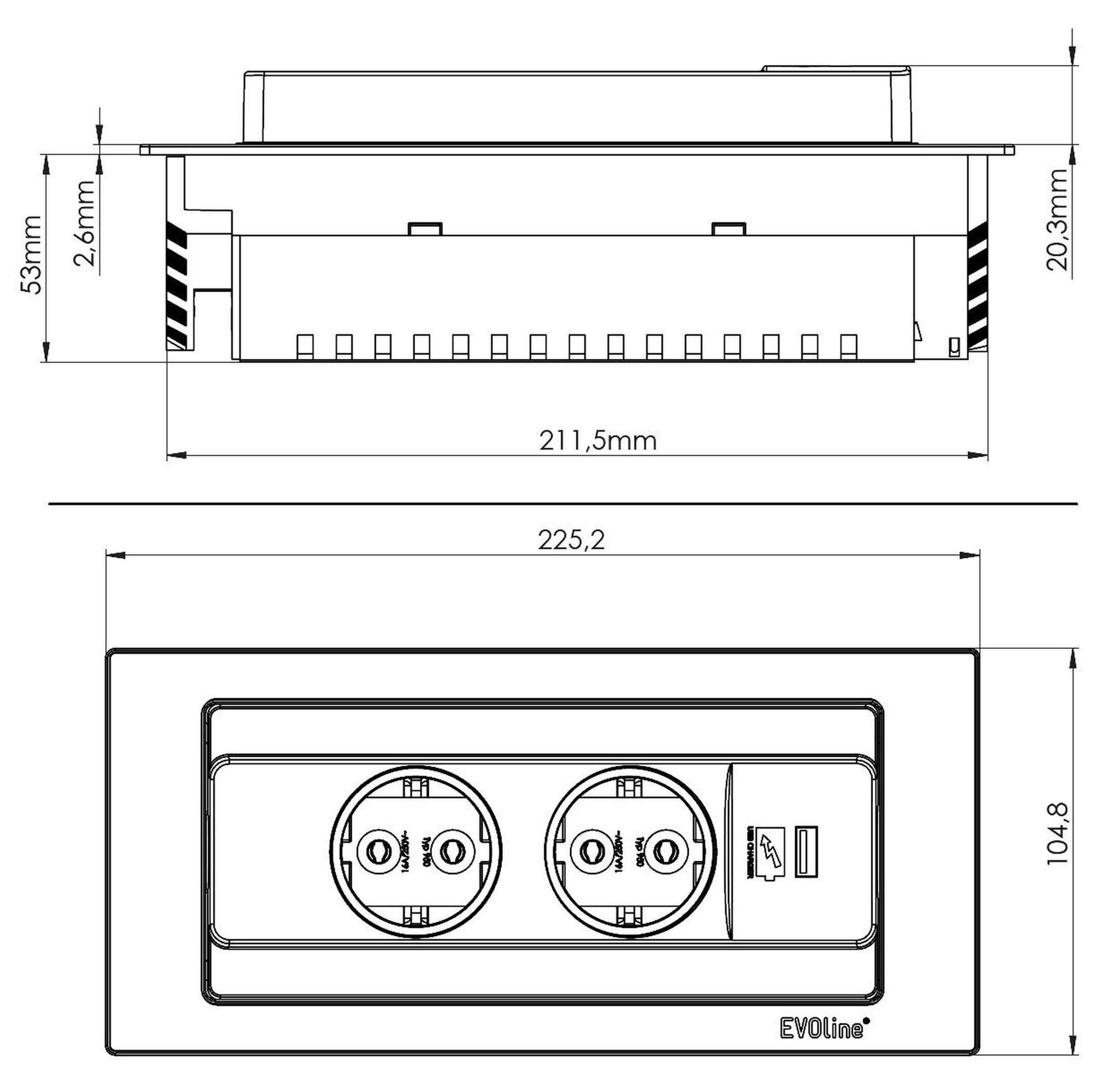 Evoline Einbausteckdose Küche EVOline BackFlip Küchensteckdos USB C versenkbar Einbau-Tischsteckdose 3-fach (USB-Anschluss, Schutzkontaktstecker)
