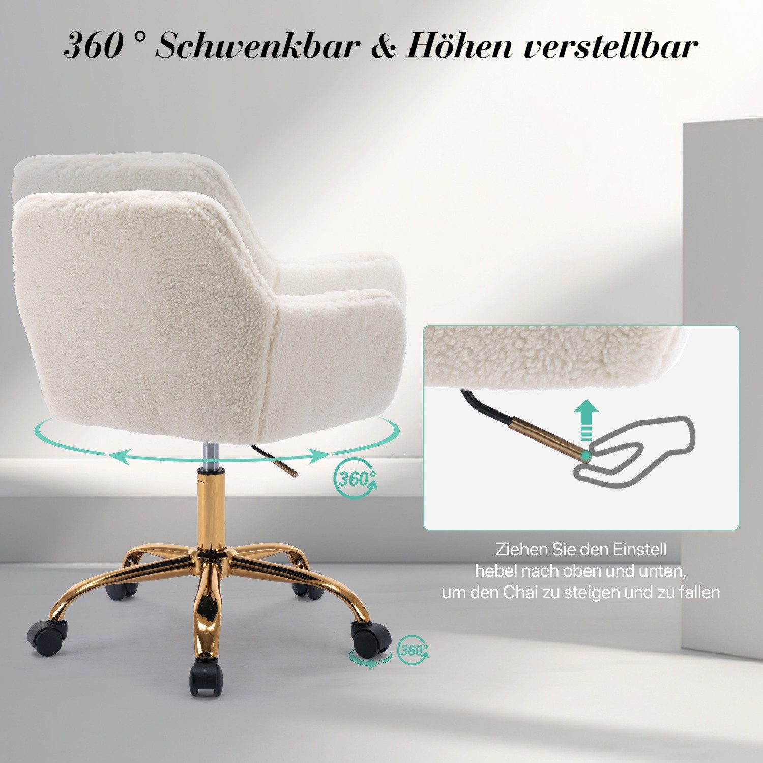 ANYSUN Bürostuhl Schminkstuhl mit Armlehnen,Rollen,360° Drehbar & höhenverstellbar (1 St), Schreibtischstuhl,Drehstuhl,Kunstfell für Schlafzimmer,Homeoffice,Wei – Bild 2 von 5