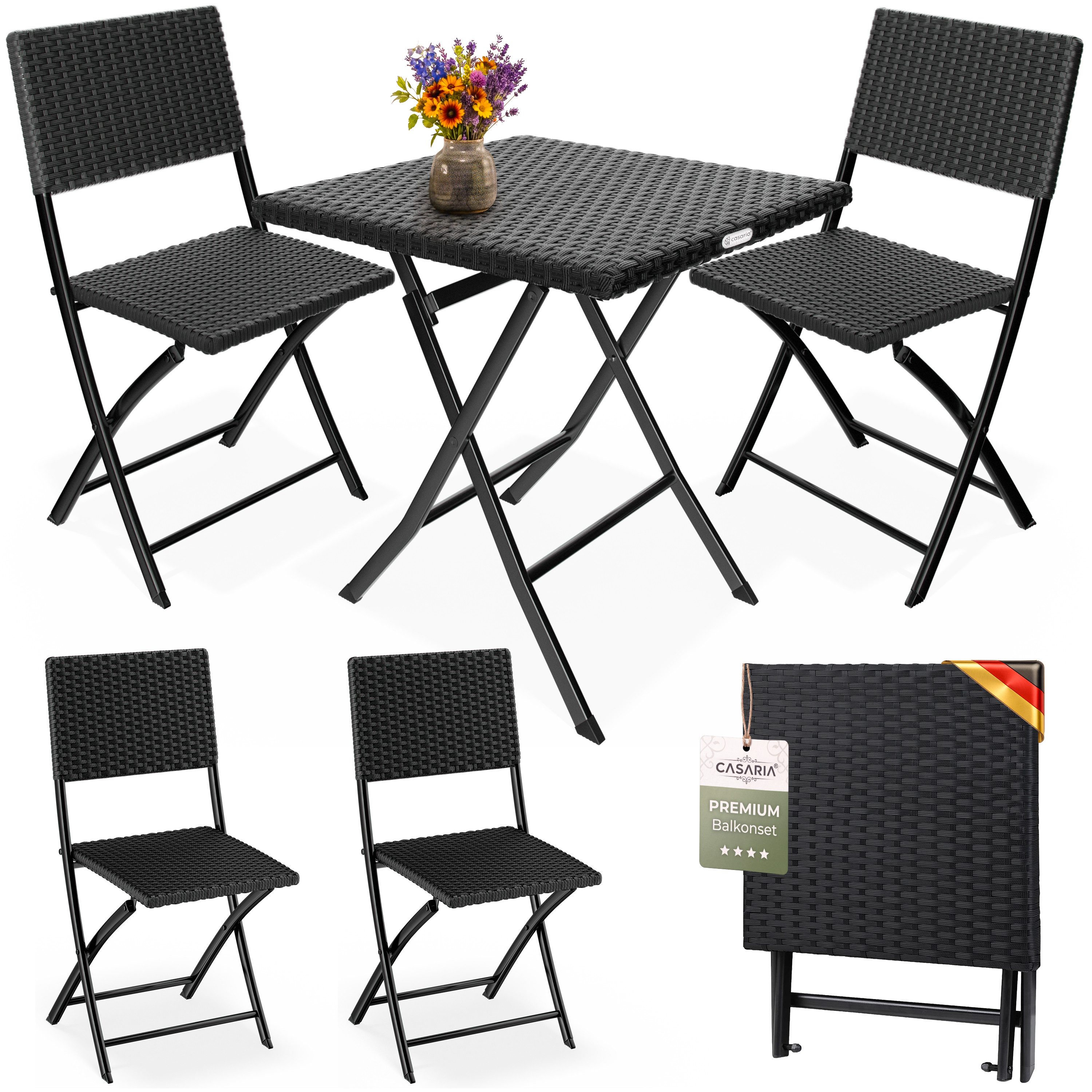 Casaria Balkonset Rom, Polyrattan 3 tlg. Klappbar Platzsparend 2 Personen Wetterfest Balkon