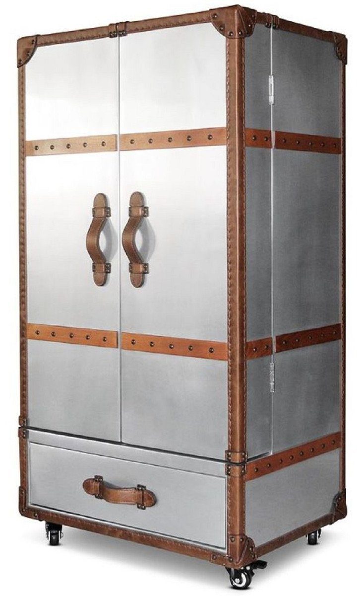 Casa Padrino Weinschrank Luxus Weinschrank Silber / Braun 63 x 52 x H. 130 cm - Aluminium Kofferschrank mit Echtleder - Barschrank im Koffer Design - Luxus Bar Möbel