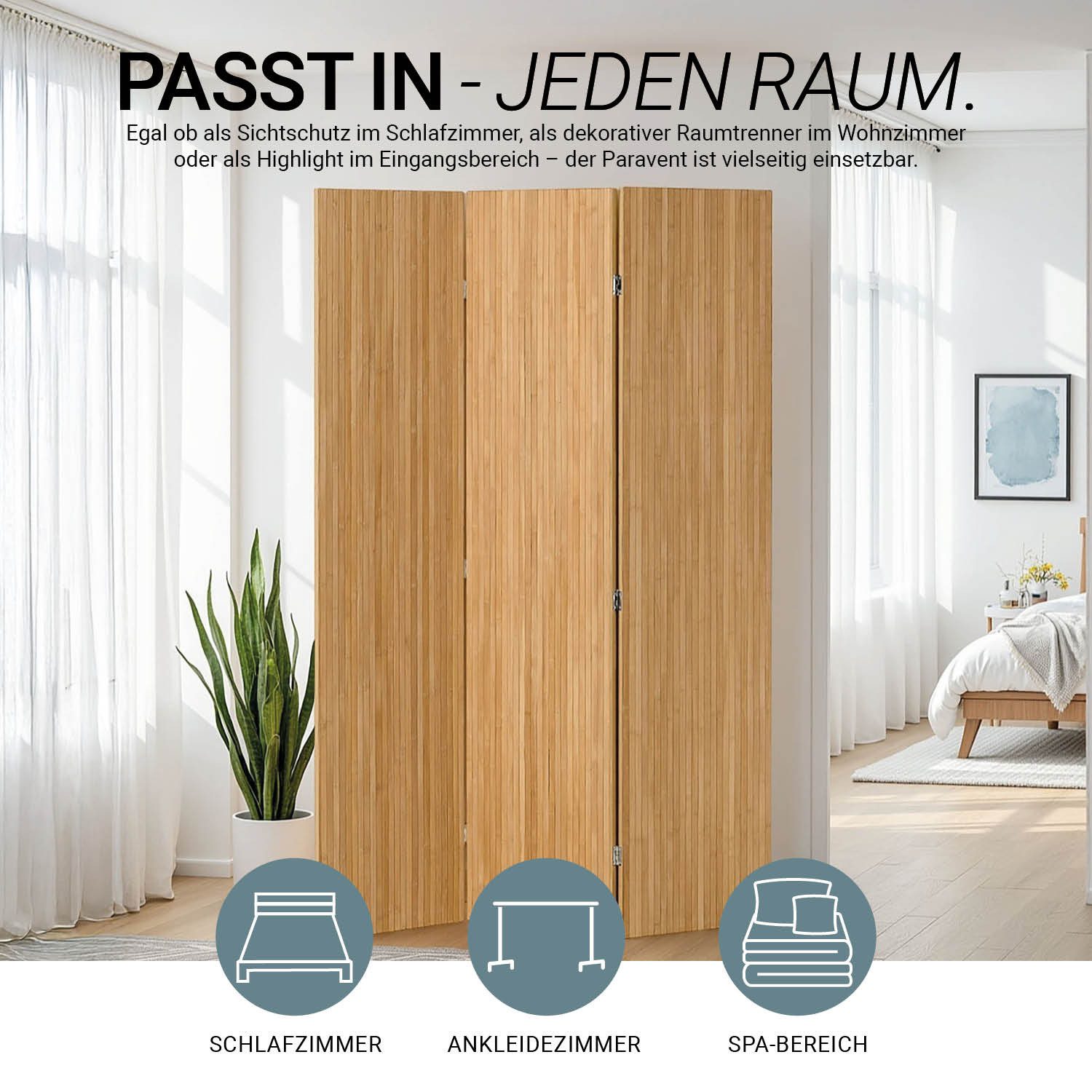Homestyle4u Paravent Raumteiler Holz Trennwand Natur Sichtschutz Indoor Bambus Shoji (3-teilig), faltbar, braun, Bambusstreben