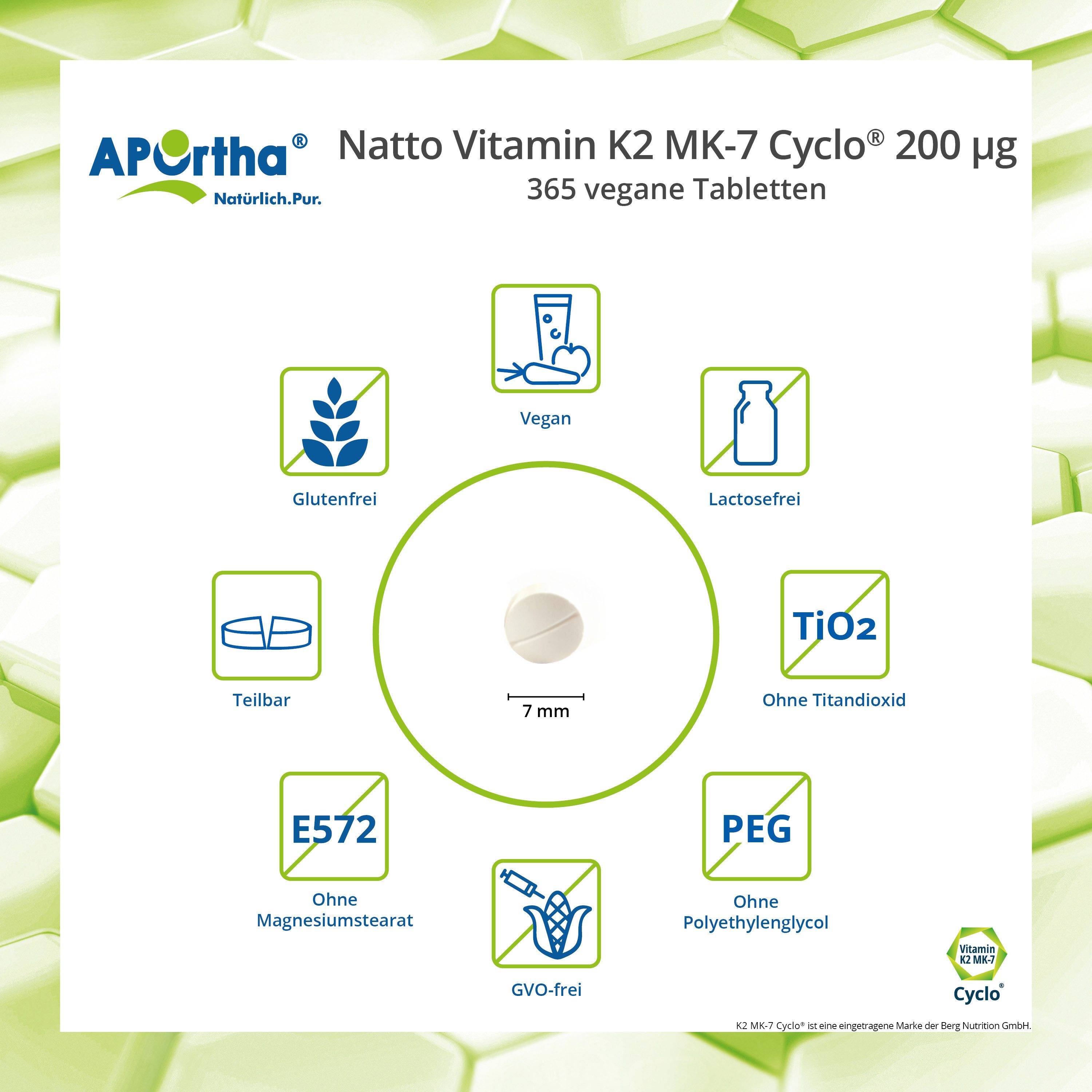 APOrtha APOrtha® Natto Vitamin K2 MK-7 Cyclo® 200 µg - 365 vegane Tabletten, 73 g