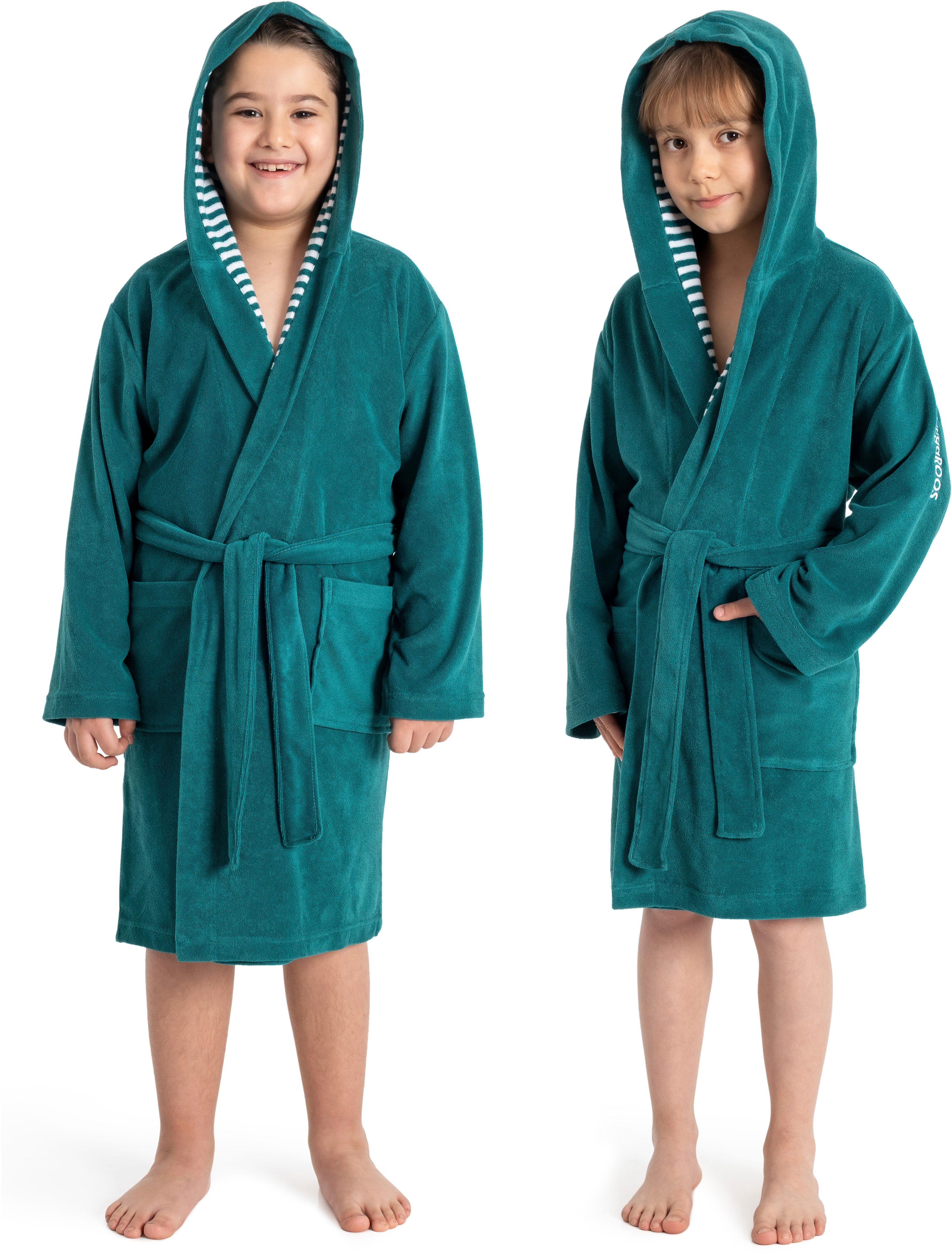 KangaROOS Kinderbademantel Dalia, Ideal für Zuhause, Schwimmbad oder im Urlaub, Langform, Veloursfrottier, Kapuze, Gürtel, Uni-Farben mit Streifen