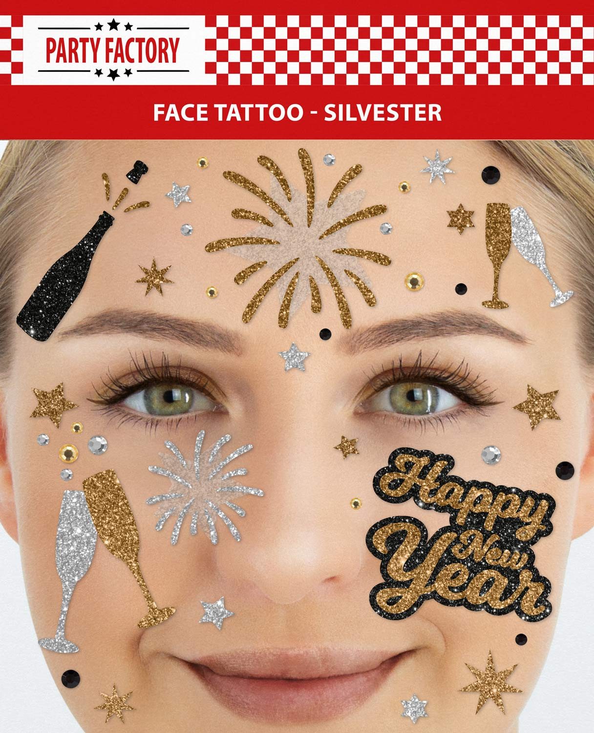 Party Factory Strass-Tattoo Gesichtstattoo Glitter Face Tattoo Glitzer Karneval Halloween Party, mit Glitzerelementen und Strass-Steinchen je nach Wahl