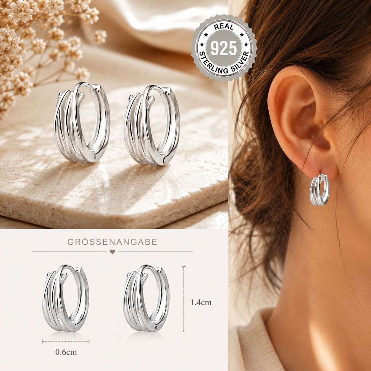 Taffstyle Paar Creolen Ohrringe 925 Sterling Silber Creolen Mehrreihig Klappcreolen Elegant (Elegante Zeitlose Silber Creolen mit moderner Mehrfachoptik - Geschenkidee für Frauen)