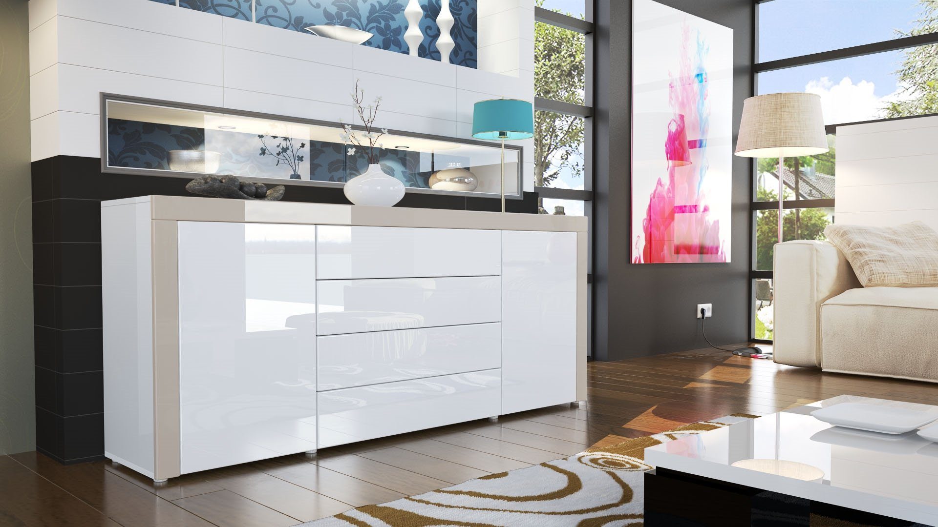 Vladon Sideboard La Paz V1 (Kommode, mit 2 Türen und 4 Schubladen), Weiß Hochglanz / Sandgrau Hochglanz (167 x 72 x 35)