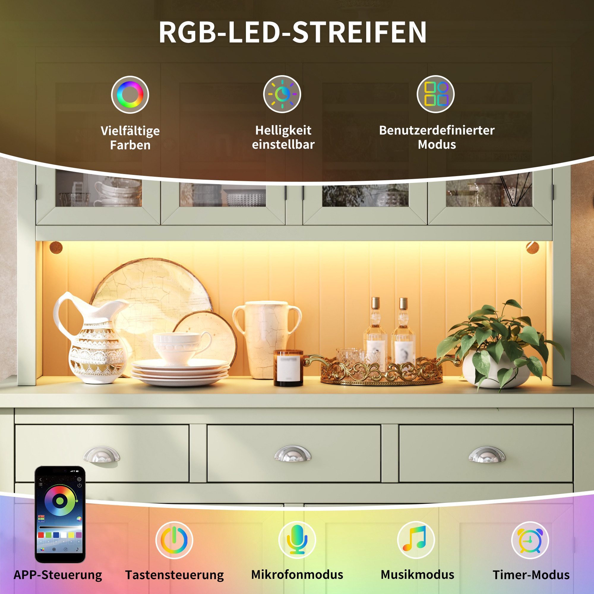 Flieks Küchenbuffet Hochschrank mit LED-Beleuchtung, 4 Glastüren, verstellbaren Böden (B140/T40/H180 cm, 1-St) Küchenschrank mit Arbeitsplatte Mehrzweckschrank Retro-Stil Grün