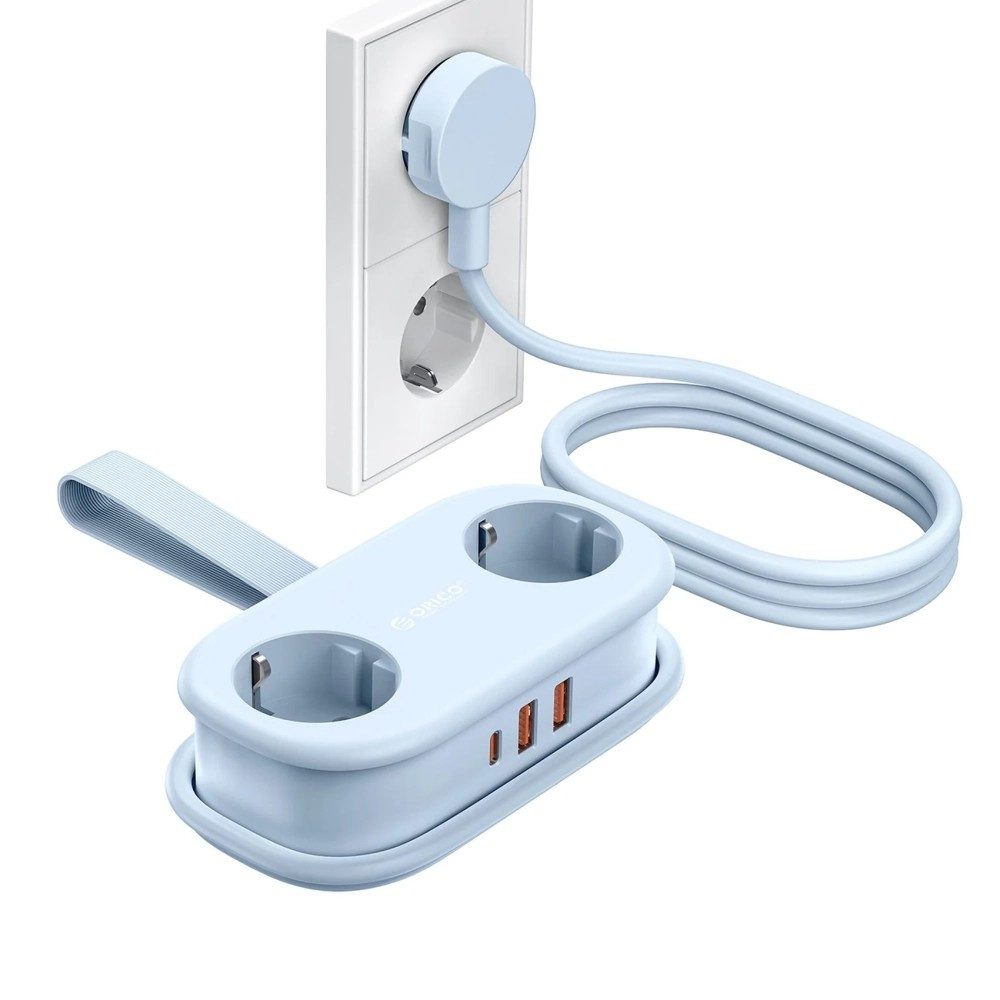 ORICO Steckdosenleiste USB-Ladestation Steckdosenleiste 5-fach (1x USB-C, 2x USB-A, Kabelaufwicklung, Klapp-Flachstecker, USB-C Power Delivery, 2x Schuko-Steckdose, Überstromschutz, Überspannungsschutz (nur USB), Kurzschlussschutz, Überlastschutz, Kabellänge 153.0 m), GaN, USB-C PD 20W, faltbar, Flachstecker