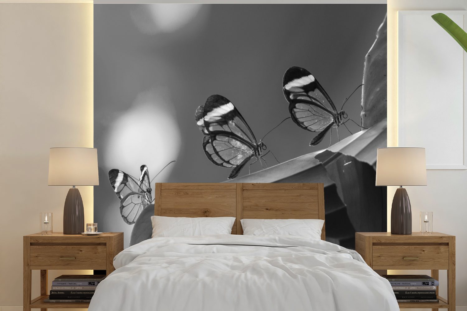 MuchoWow Fototapete Transparenter Schmetterling auf einem Blatt in Costa Rica in schwarz, Matt, bedruckt, (5 St), Vinyl Tapete für Wohnzimmer oder Schlafzimmer, Wandtapete | Fototapeten