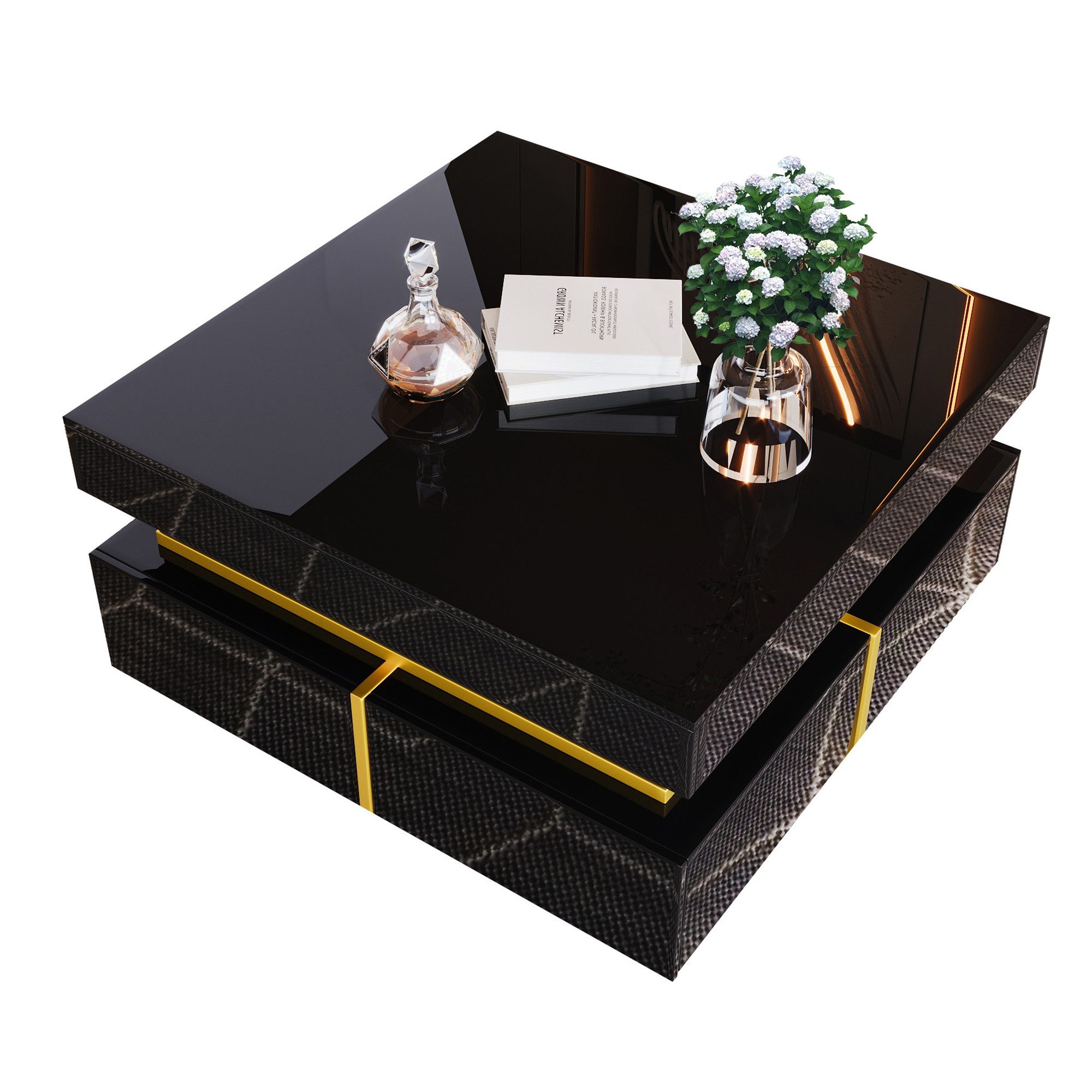 OKWISH Couchtisch Hochglanz-Wohnzimmertisch (Beistelltisch, 1-St., Zwei Schubladen zur Aufbewahrung), mit glattes Hochglanz-Finish,goldenen Verzierung, L70*H35.5*B70cm