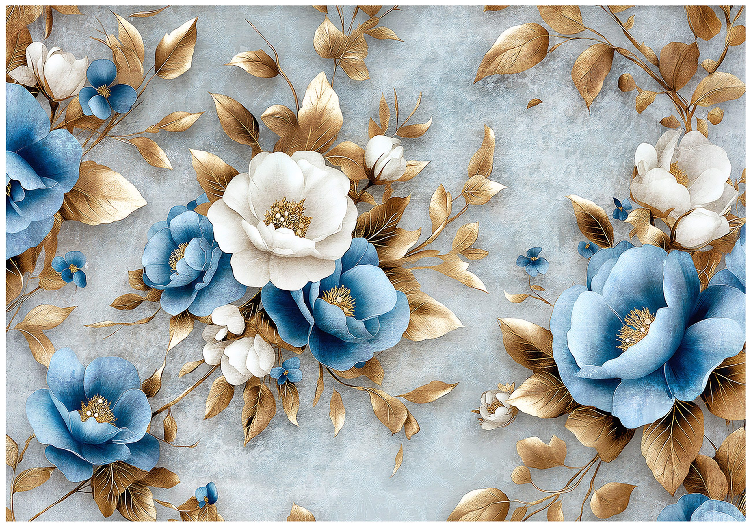 Wallarena Fototapete Blumen Blau Struktur Vlies Tapete Wohnzimmer Schlafzimmer Wandtapete, Glatt Vlies oder Struktur Vinyl, Blumen, Blau, Struktur, Weiß, Gold, (Vlies Fototapete, Vlies Fototapete), Vliestapete schwarz Wohnzimmer Schlafzimmer Küche Tapete + Kleister