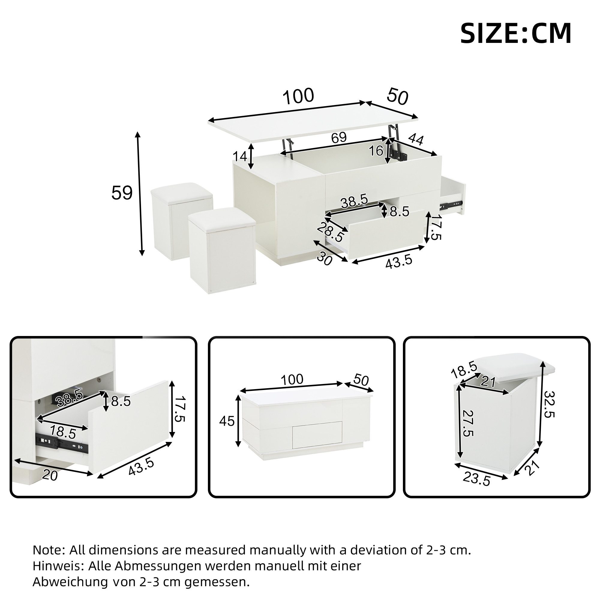 KLAM HOME Couchtisch Höhenverstellbarer LED-Couchtisch Weiß mit 2 Hockern (Hochglanz Sofatisch mit 2 Schubladen & Stauraum), Multifunktionaler Wohnzimmertisch bis 50kg Tragkraft