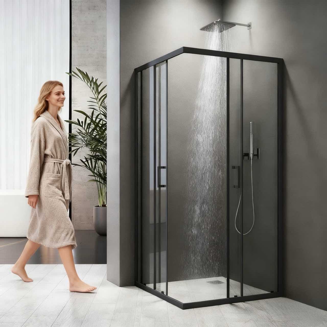 Boromal Eckdusche Duschkabine Schwarz Duschabtrennung 90x90 75x90 H:185cm Schiebetür, BxT: 80x80 cm, Sicherheitsglas, Eckeinstieg Duschwand Duschtür für Dusche, Alu-Rahmen, Schnellfreigabefunktion, Magnetische Duschdichtungen