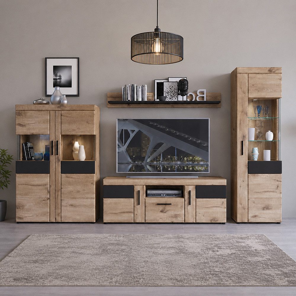 Lomadox Wohnwand GRAHAM-129, (4-St., Vitrine Lowboard Wandboard Highboard), Eiche Dekor mit Grau Türen mit Softclose inkl. Beleuchtung
