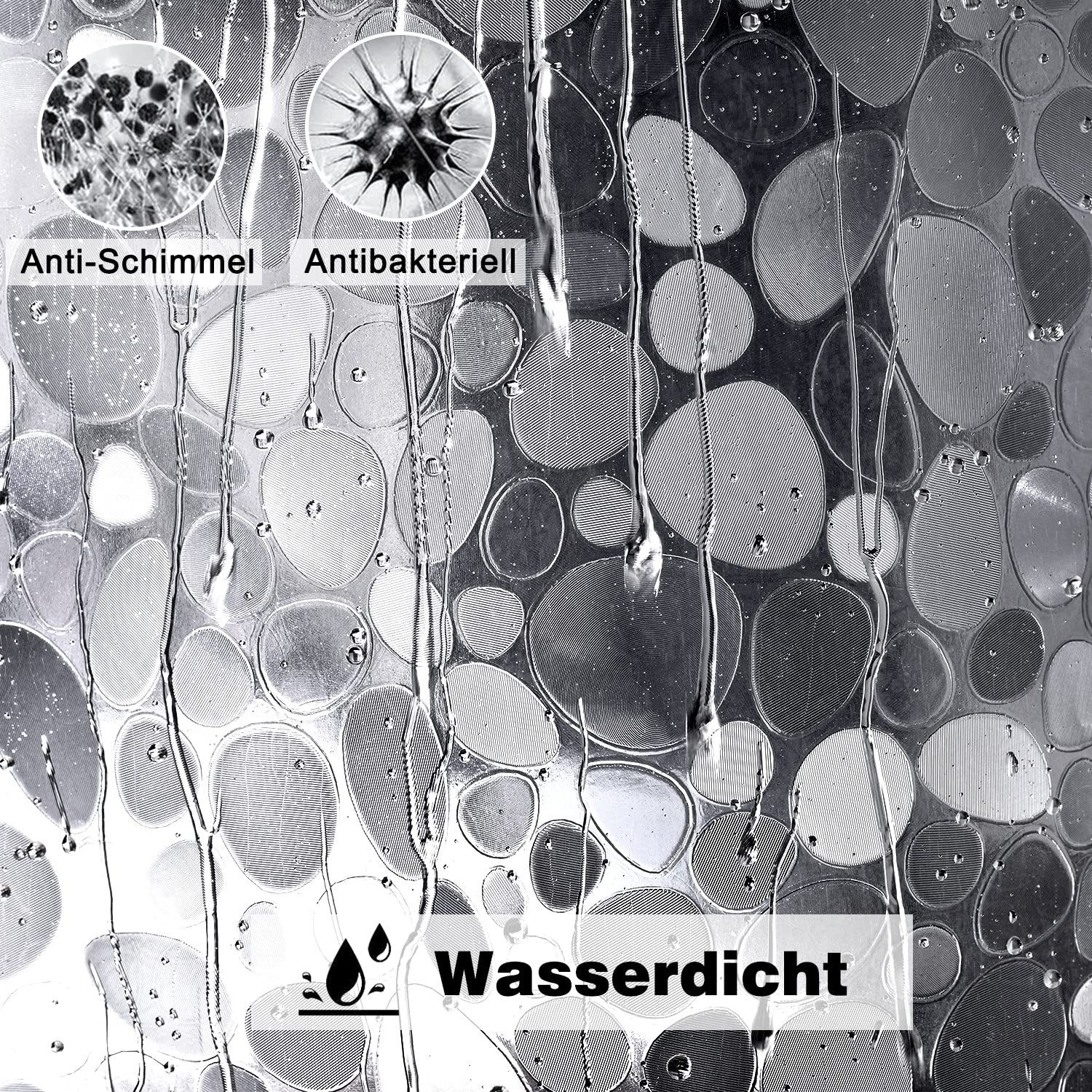 FOUORTUNATE-BEE Duschvorhang Antischimmel Duschvorhang Transparent mit 3D Kieselsteinen Muster Breite 180 cm (Wasserdicht Eva Plastik Dusch Vorhang für Badewanne mit 12 Ringe)
