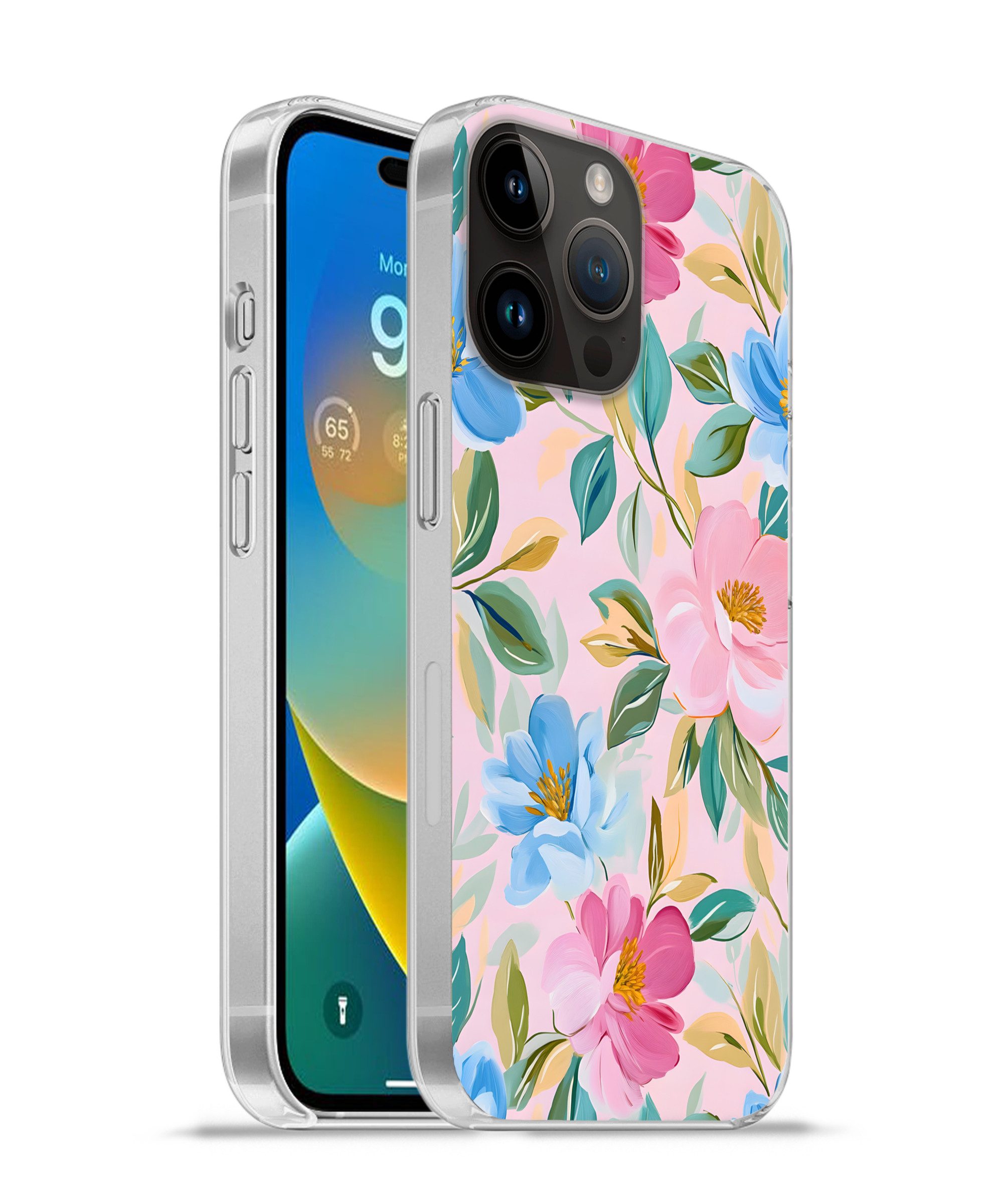 MuchoWow Handyhülle für Apple iPhone 14 Pro Blau - Rosa - Blumen, Smartphone-Bumper, Print, Handy Schutzhülle Dünn