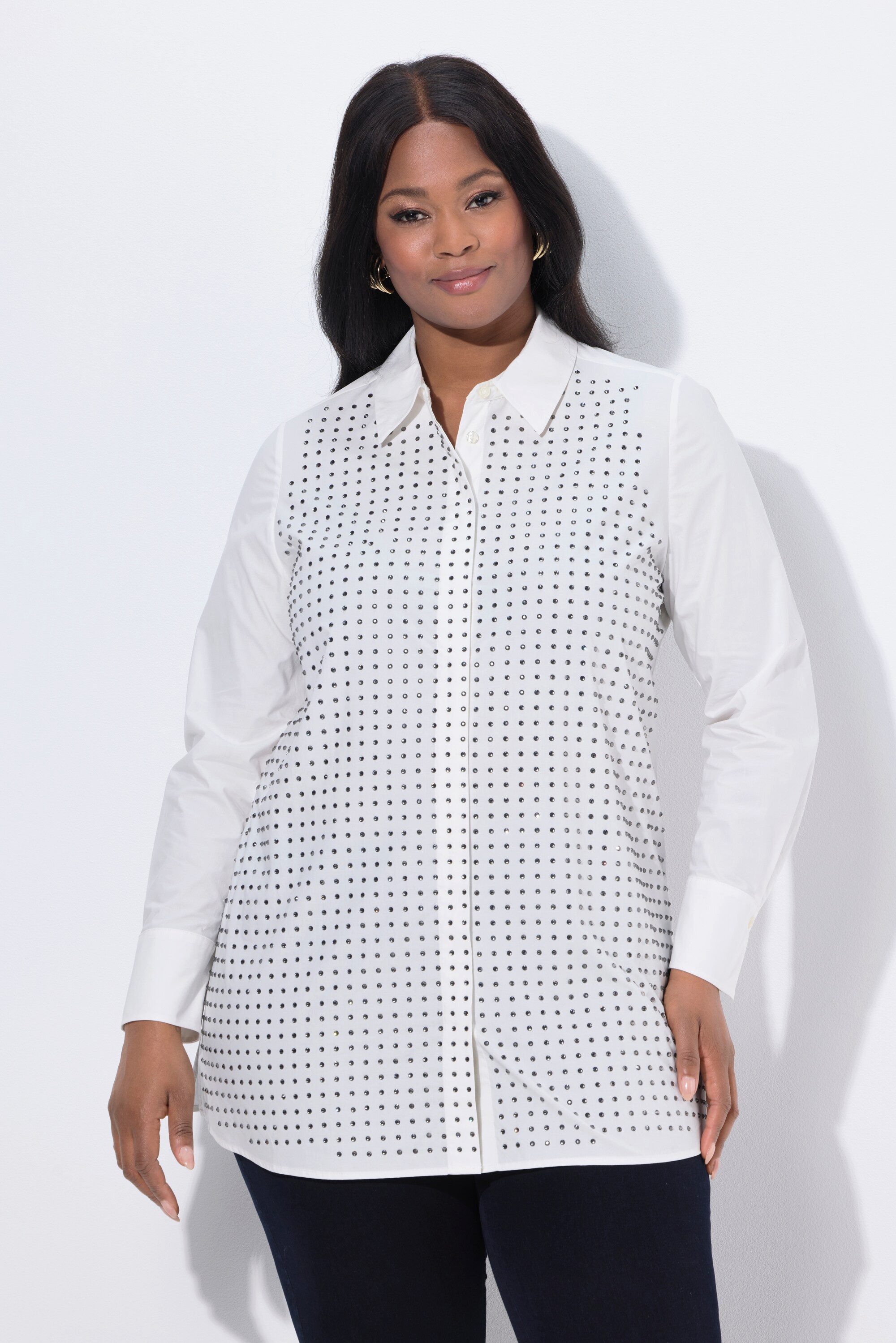 Ulla Popken Hemdbluse Bluse Ziersteine A-Linie Hemdkragen Langarm
