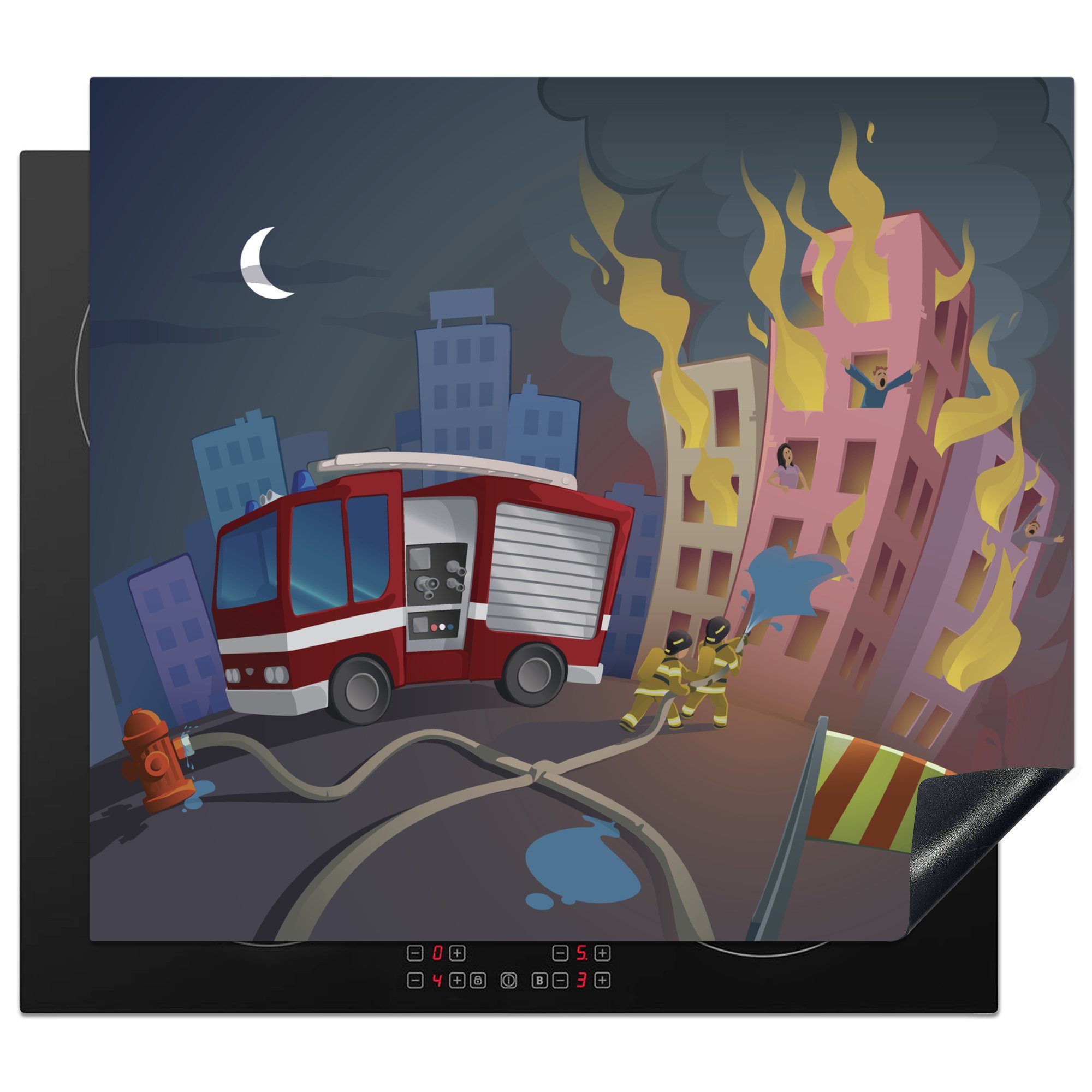 MuchoWow Herdblende-/Abdeckplatte Kinderillustration der Feuerwehr bei brennenden Gebäuden, Vinyl, (1 tlg), 60x52 cm, Mobile Arbeitsfläche nutzbar, Ceranfeldabdeckung