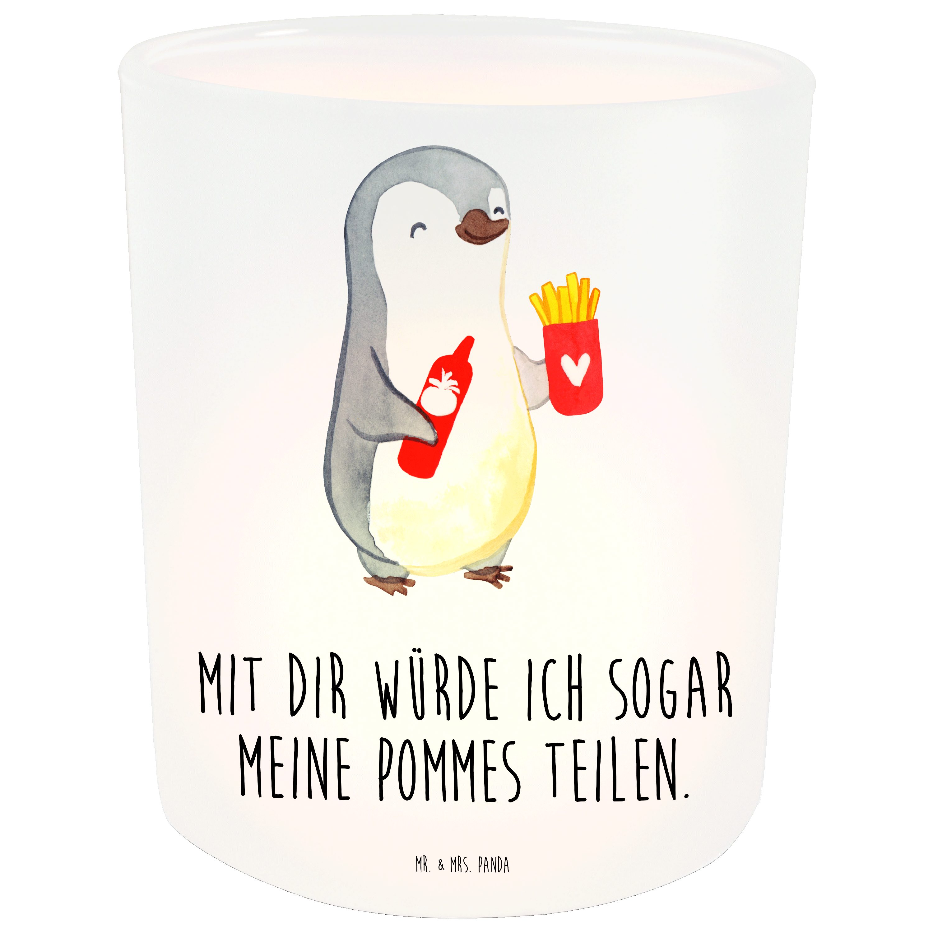 Geschenk, Pinguin Pommes - Mr. Panda & Geschenk St) (1 Transparent Windlicht Teelichtglas, für F Mrs. -