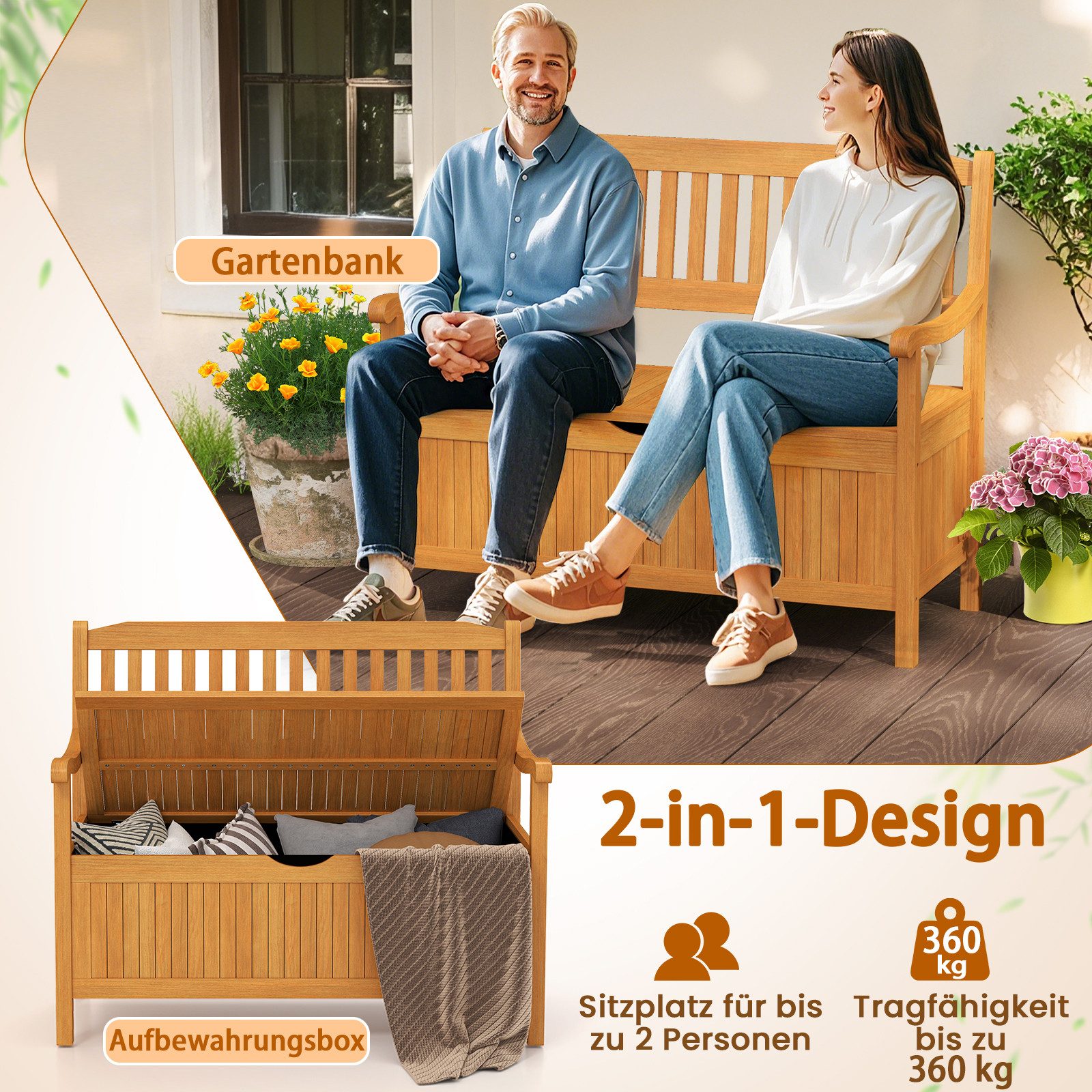 COSTWAY Gartenbank, 2 Sitzer, mit Stauraum & Innensack, Massivholz, 360kg, 107cm
