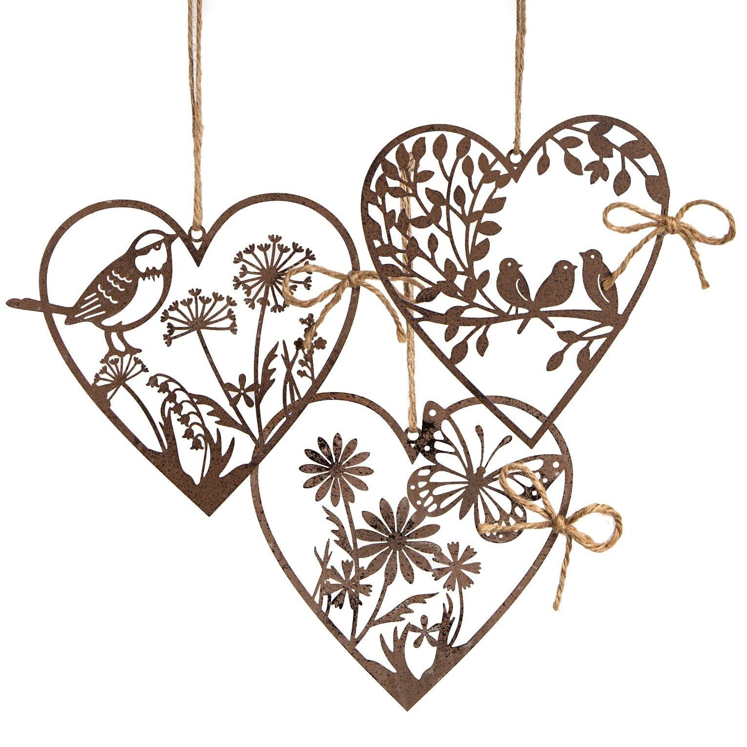 Logbuch-Verlag Dekofigur 3 rostige Metallherzen zum Aufhängen Rostbraun Frühling Osterdeko 11,5