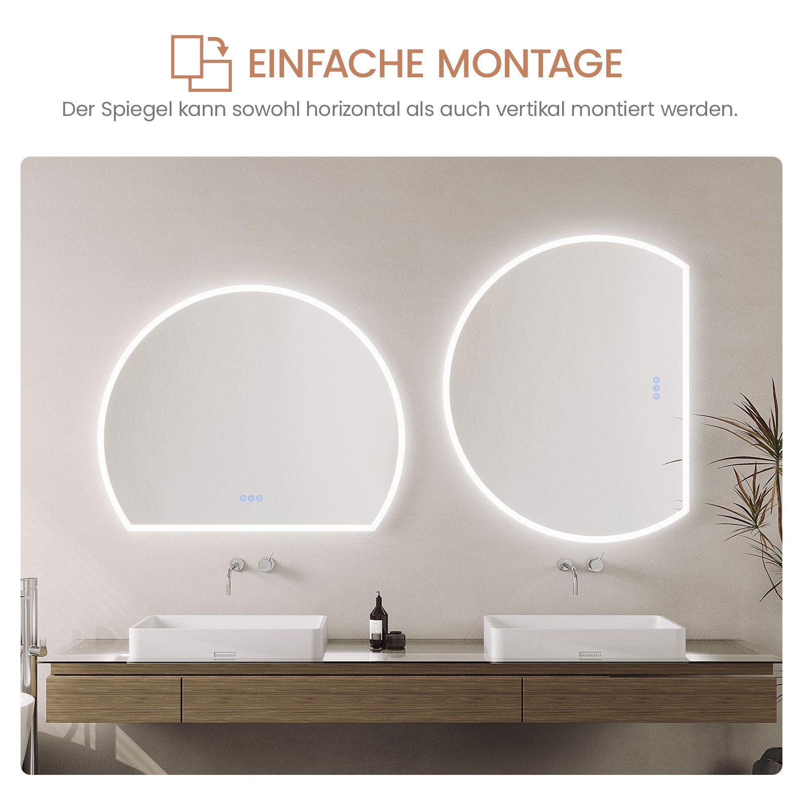 AQUALAVOS LED-Lichtspiegel Badspiegel mit Beleuchtung 100 x 80 cm Halbrund vertikal / horizontal, 3 Lichtfarben:Kaltweiß Neutralweiß Warmweiß Dimmbar Antibeschlag Touch
